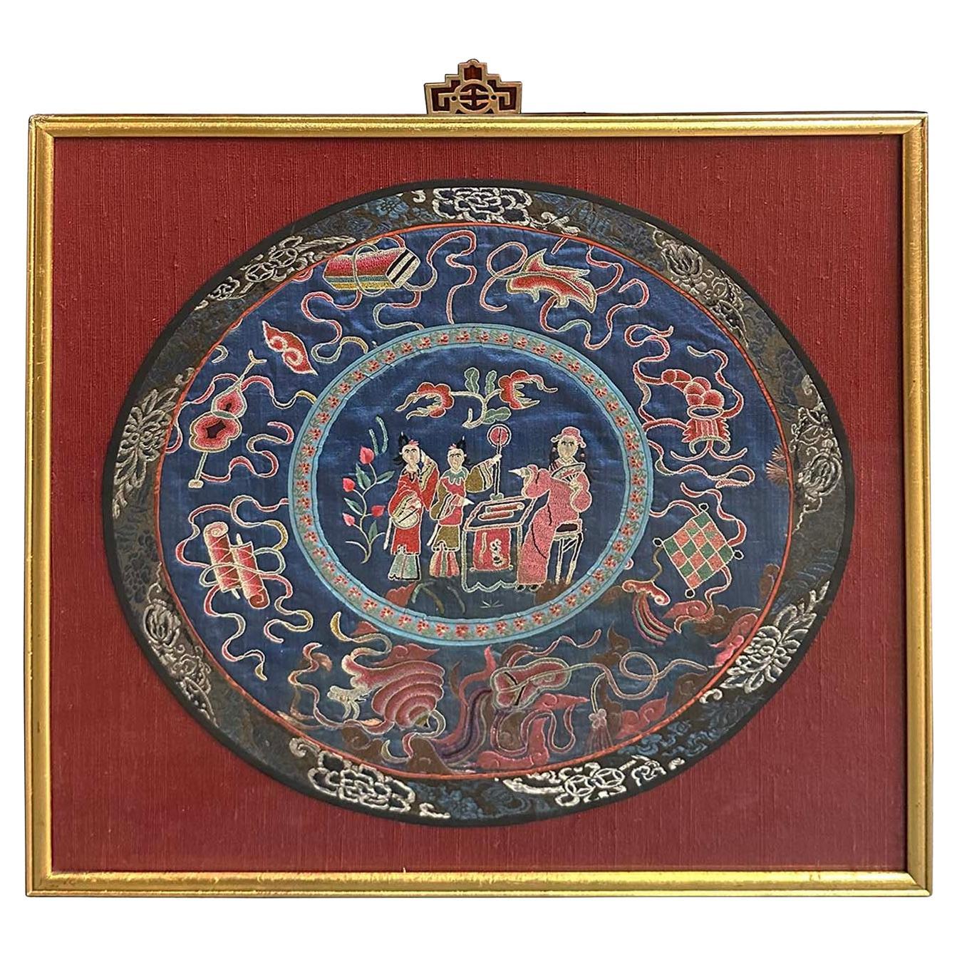 Gerahmte antike chinesische Qing Dynasty Stickerei 24LP111