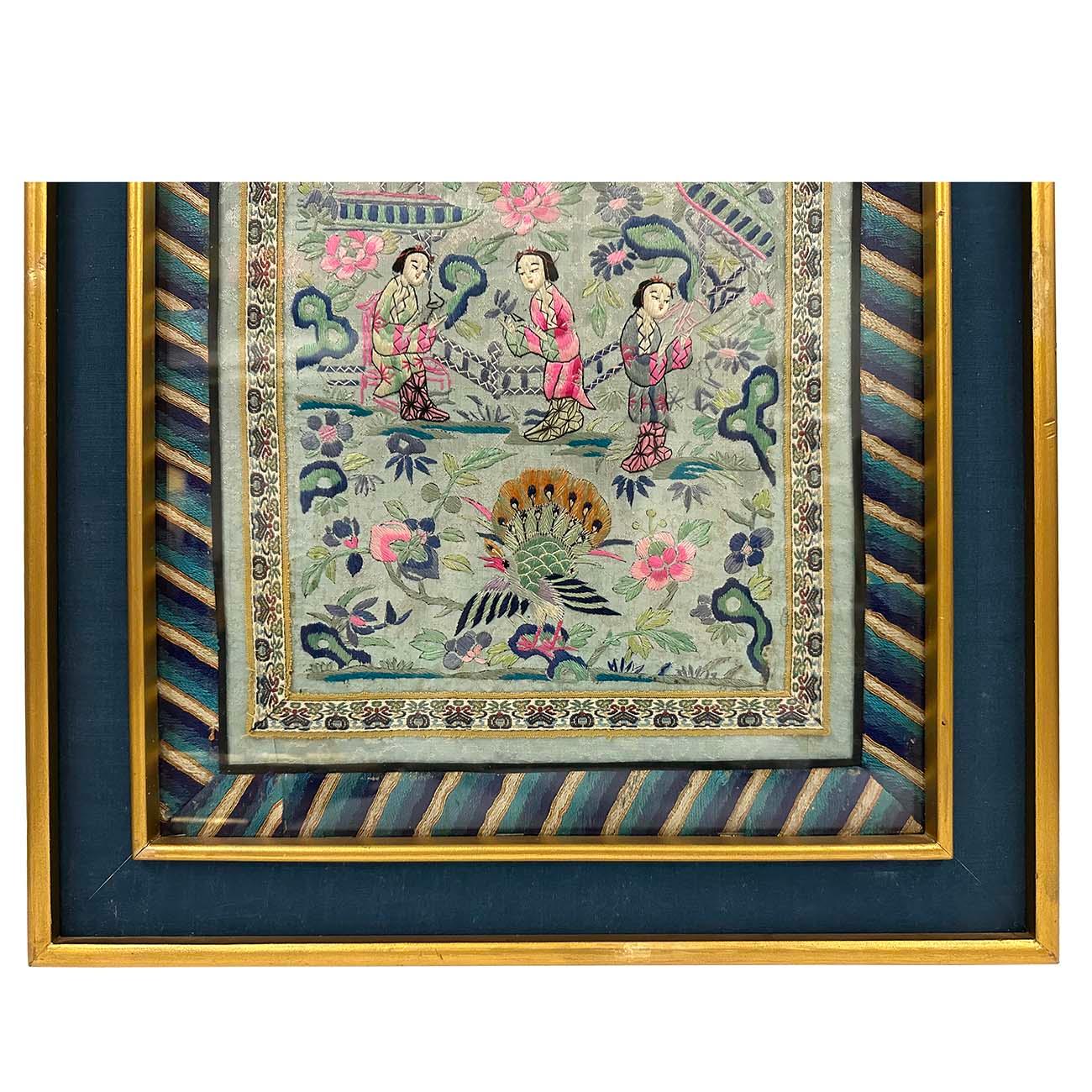 Gerahmte antike chinesische Qing Dynasty Stickerei 24LP114 (Chinesischer Export) im Angebot