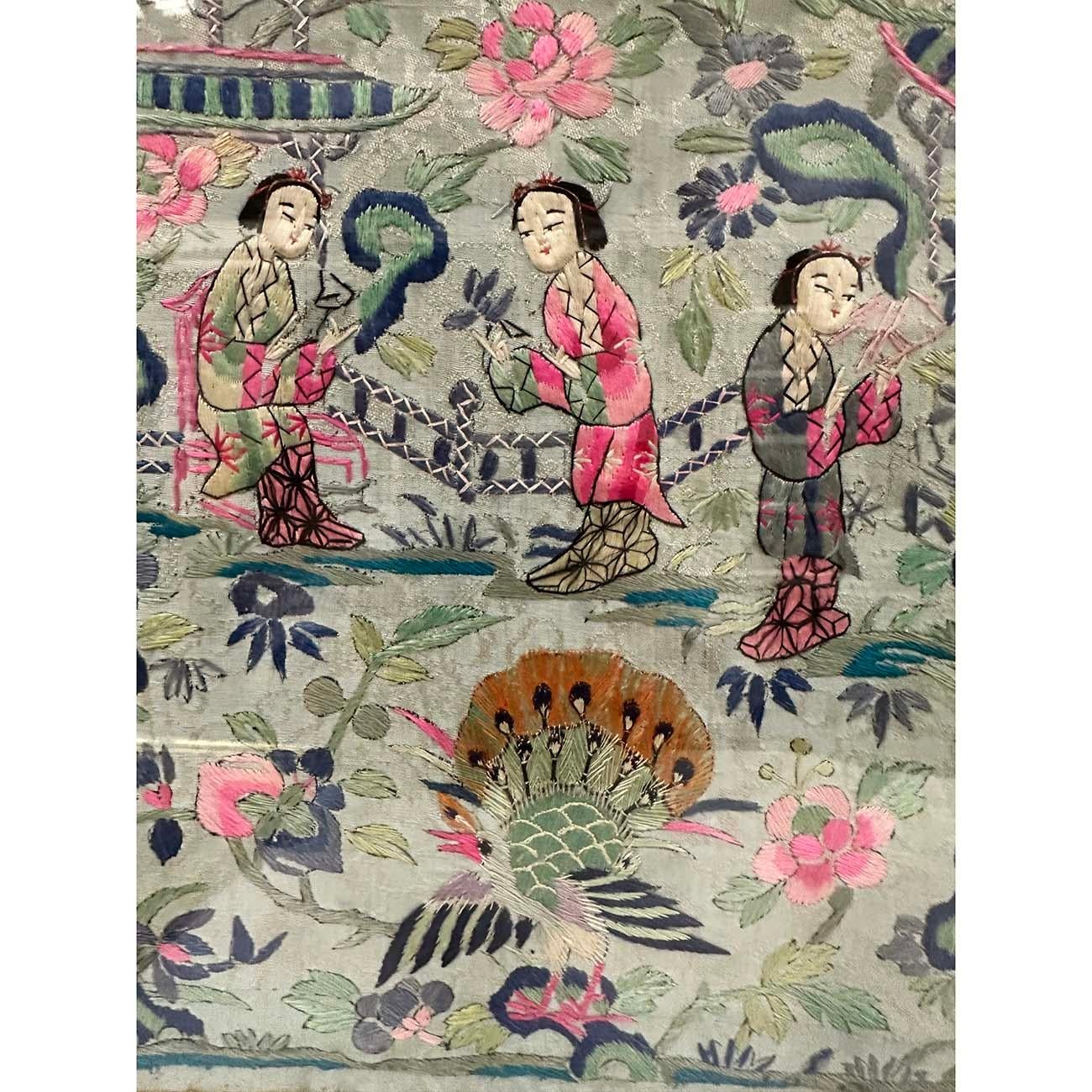 Gerahmte antike chinesische Qing Dynasty Stickerei 24LP114 (Chinesisch) im Angebot