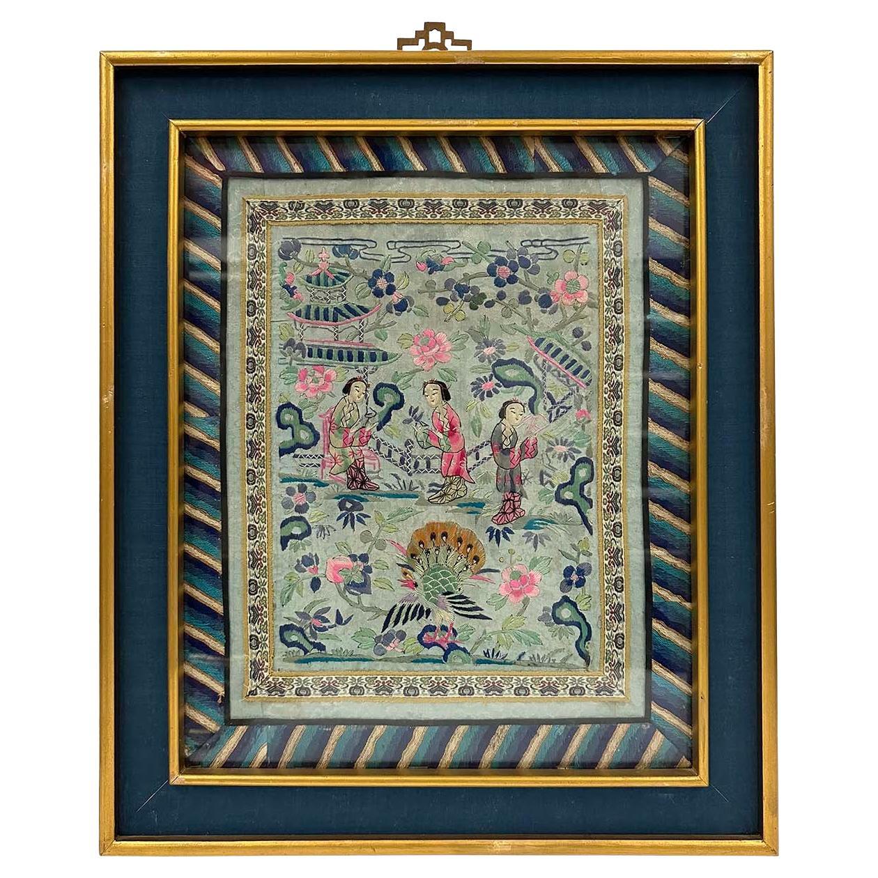 Gerahmte antike chinesische Qing Dynasty Stickerei 24LP114