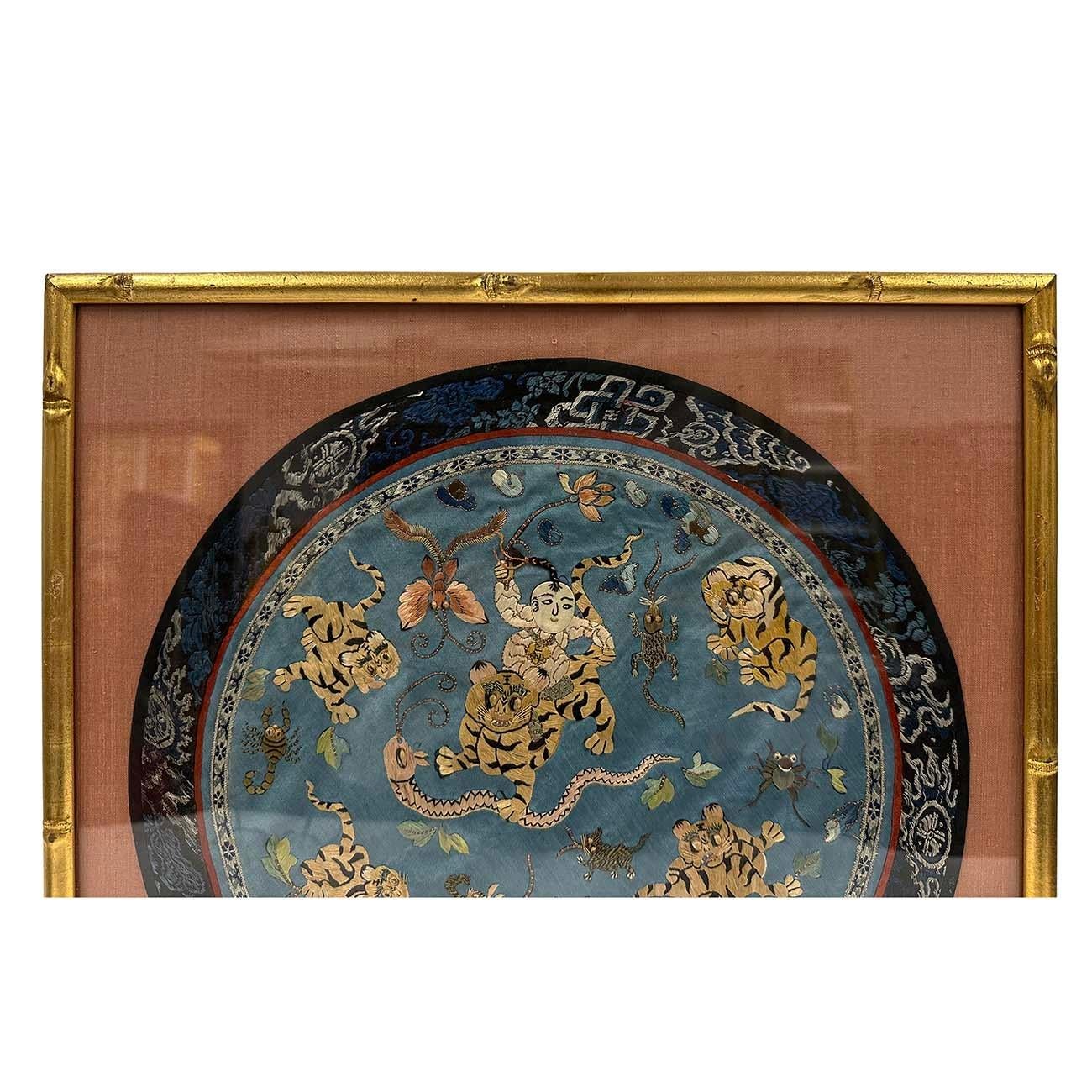 Originally purchased from Hong Kong, this Chinese antique embroidery presented in a museum quality.  This textile was a roundel design likely from the center front of a noble woman's robe and it is dated to late Qing dynasty, circa late 19th century