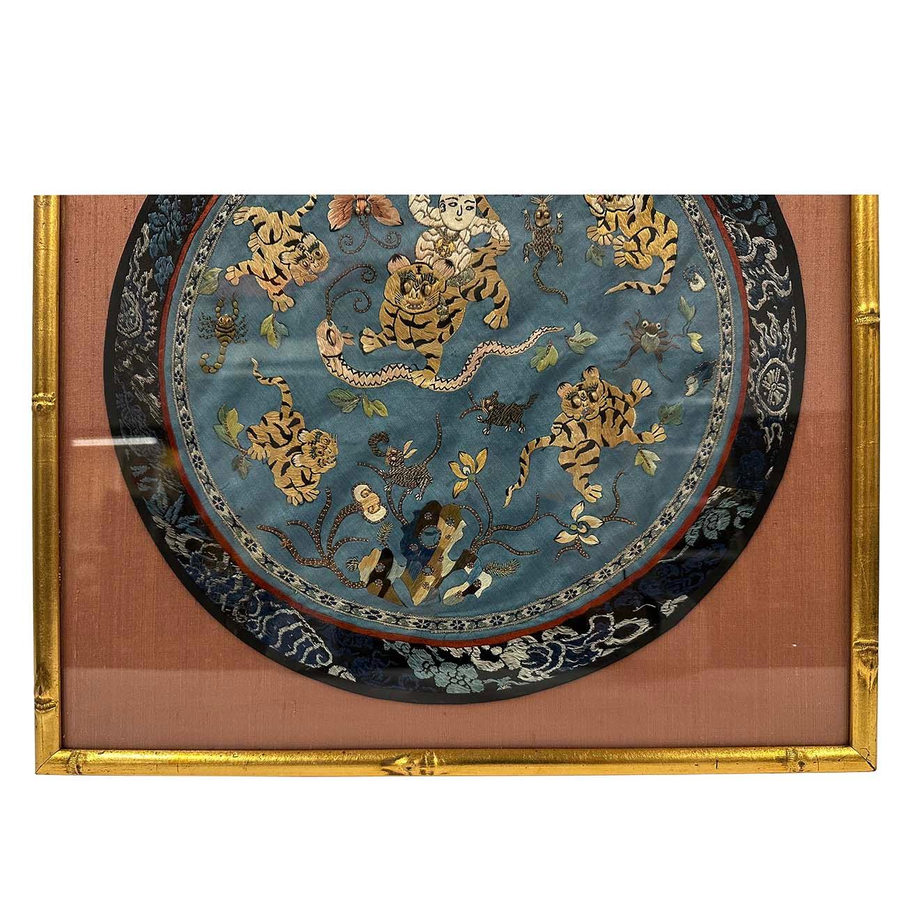 Chinese Export Framed Antique Chinese Qing Dynasty Embroidery 24LP126 For Sale