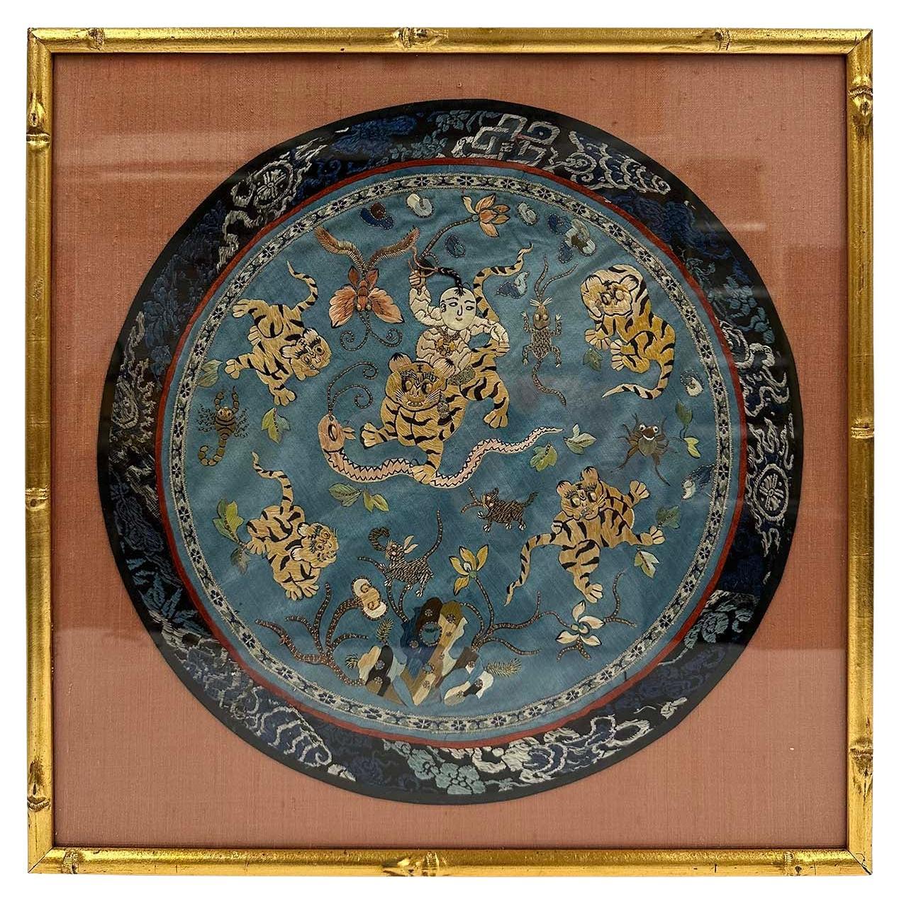 Gerahmte antike chinesische Qing Dynasty Stickerei 24LP126