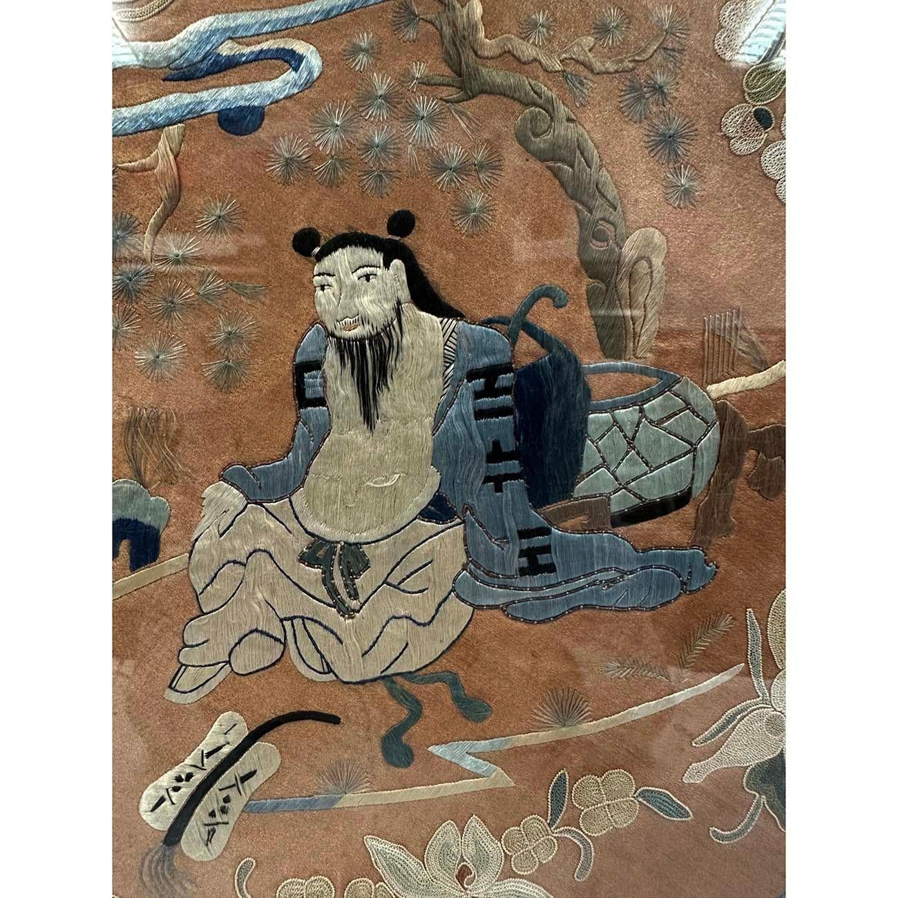 20ième siècle Encadré Broderie ancienne chinoise de la dynastie Qing 25LP007 en vente