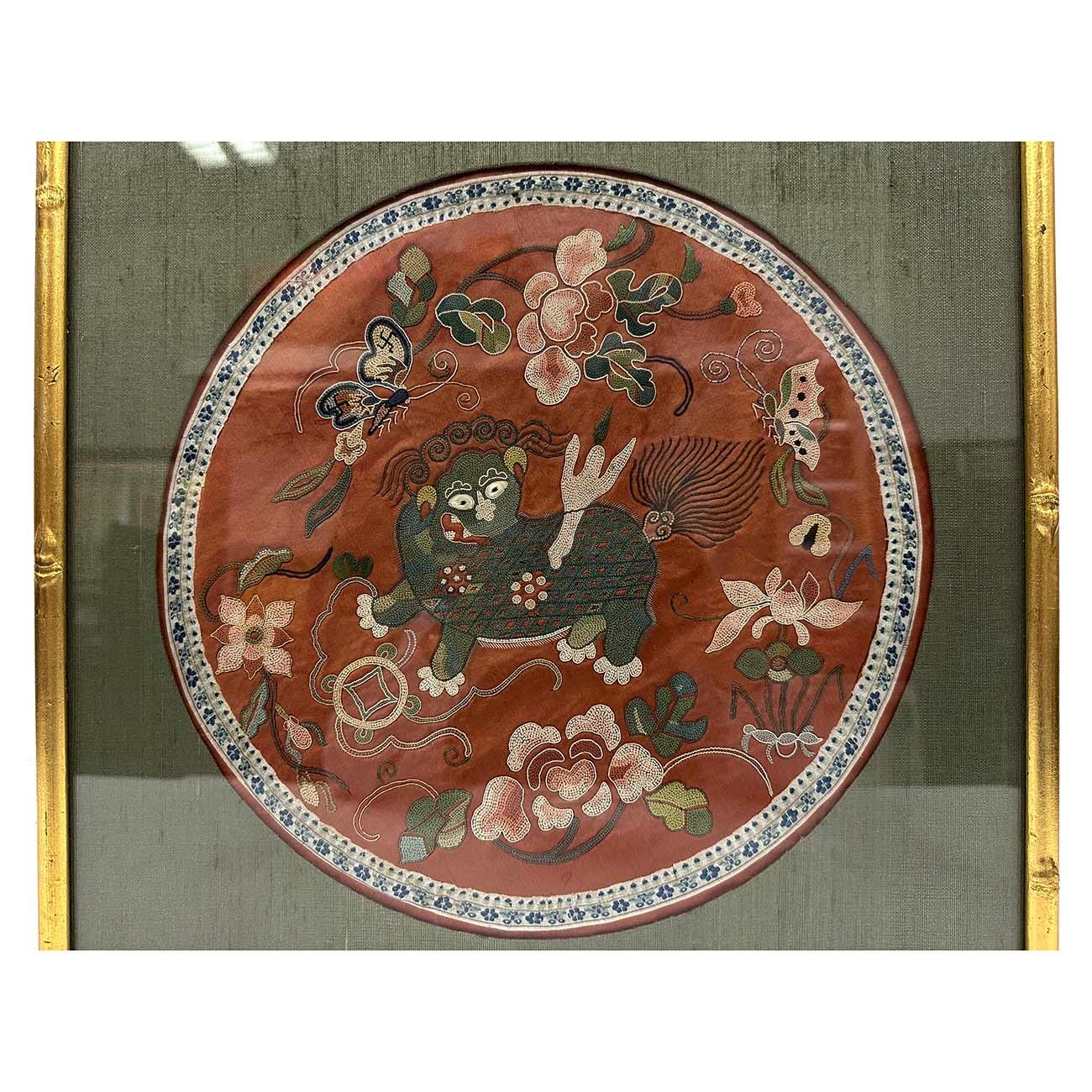 Originally purchased from Hong Kong, this Chinese antique embroidery presented in a museum quality.  This textile was a roundel design likely from the center front of a noble woman's robe and it is dated to late Qing dynasty, circa late 19th century