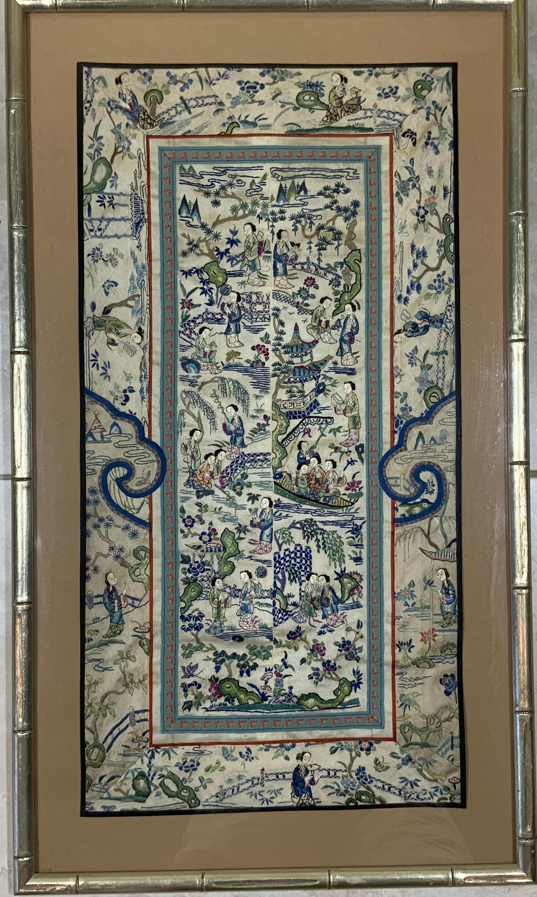 A spectacular antique Chinese embroidery panel dated from (circa 19th century), professionally framed with linen mat, purchased from Antique Chinese collector This example, entailed with many stitch techniques including, satin, couching, extensive