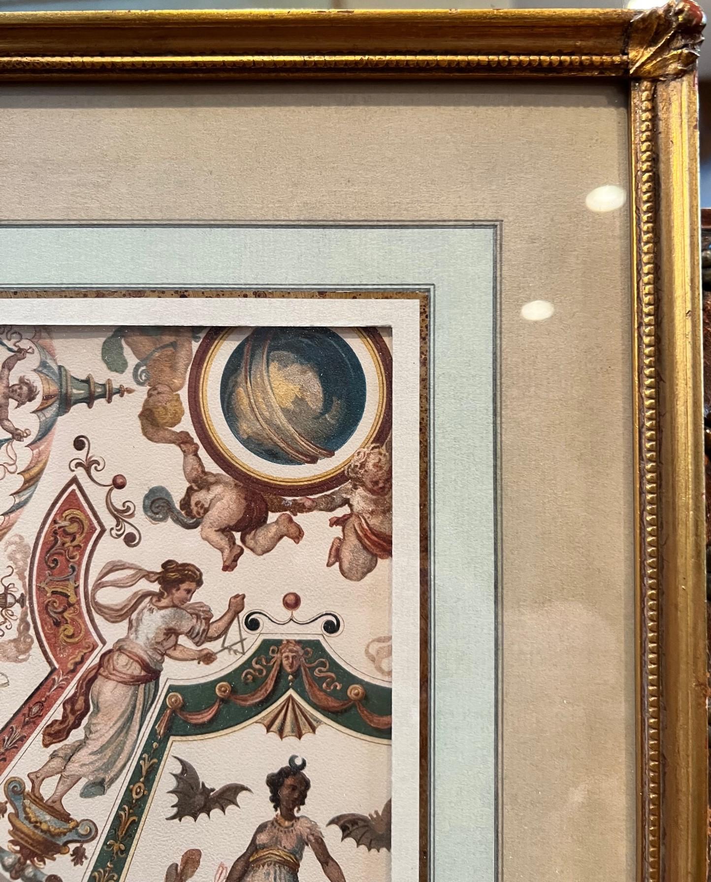Antique German architecture print on heavy paper showing an illustration of a portion of a ceiling painting in the Uffizi Gallery, Florence, 16th century (Uffizien Deckenmalerei (XVI Jahrh), Florenz). This chromolithograph on a 1:10 scale is after