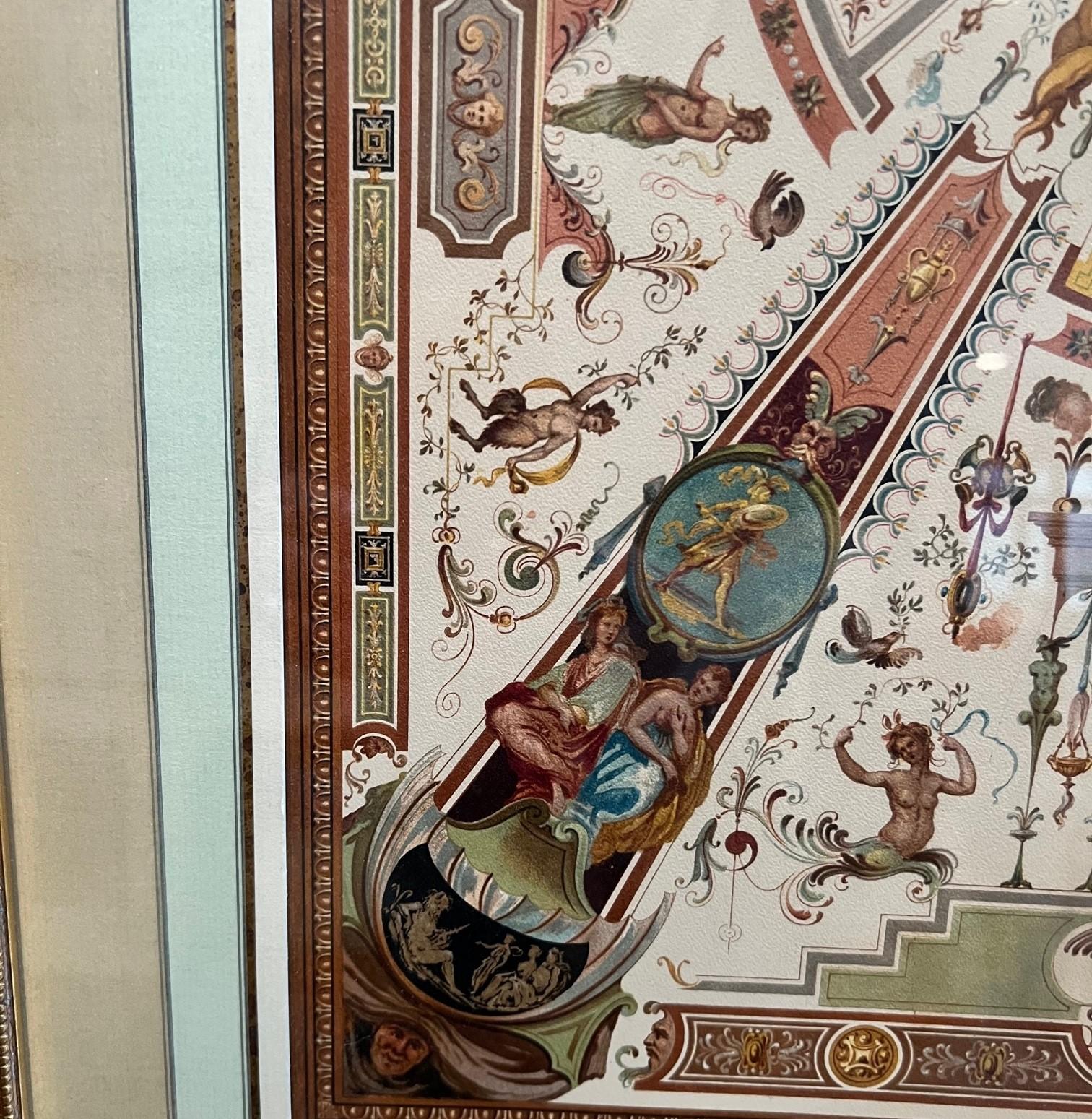Framed Antique Chromolithograph - Uffizi Gallery Ceiling, Florence, Italy In Good Condition In Morristown, NJ