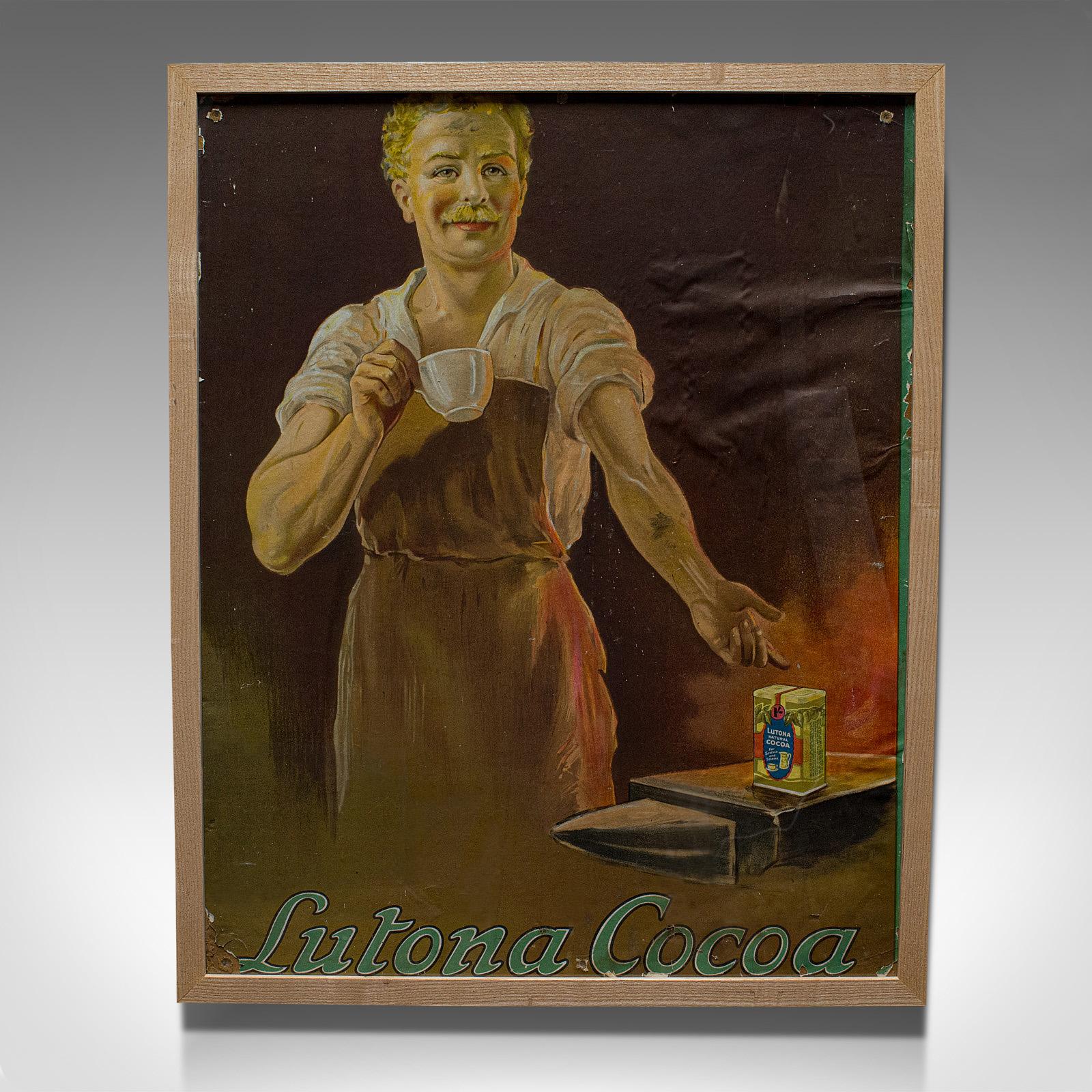 This is a framed, antique cocoa advertisement. An English, Lutona poster dating to the late Victorian period, circa 1900.

A fascinating period advertisement
Displays a desirable aged patina
Professionally framed, replete with glass plate
Rear
