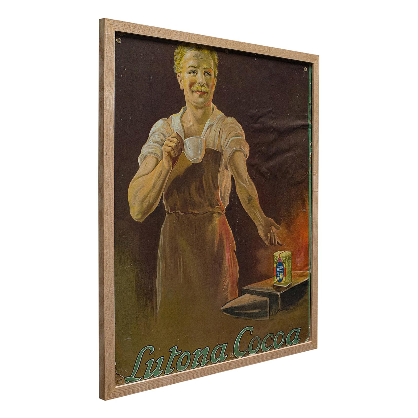 Framed Antique Cocoa Advertisement, English, Lutona Poster, Victorian circa 1900 For Sale