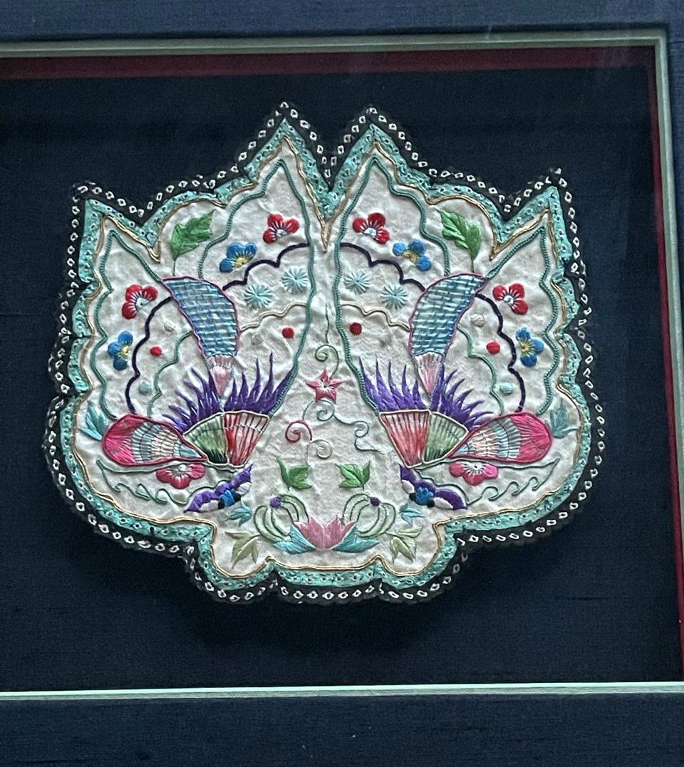 Chinese Framed Antique Embroidered Purse Qing Dynasty Provenance For Sale