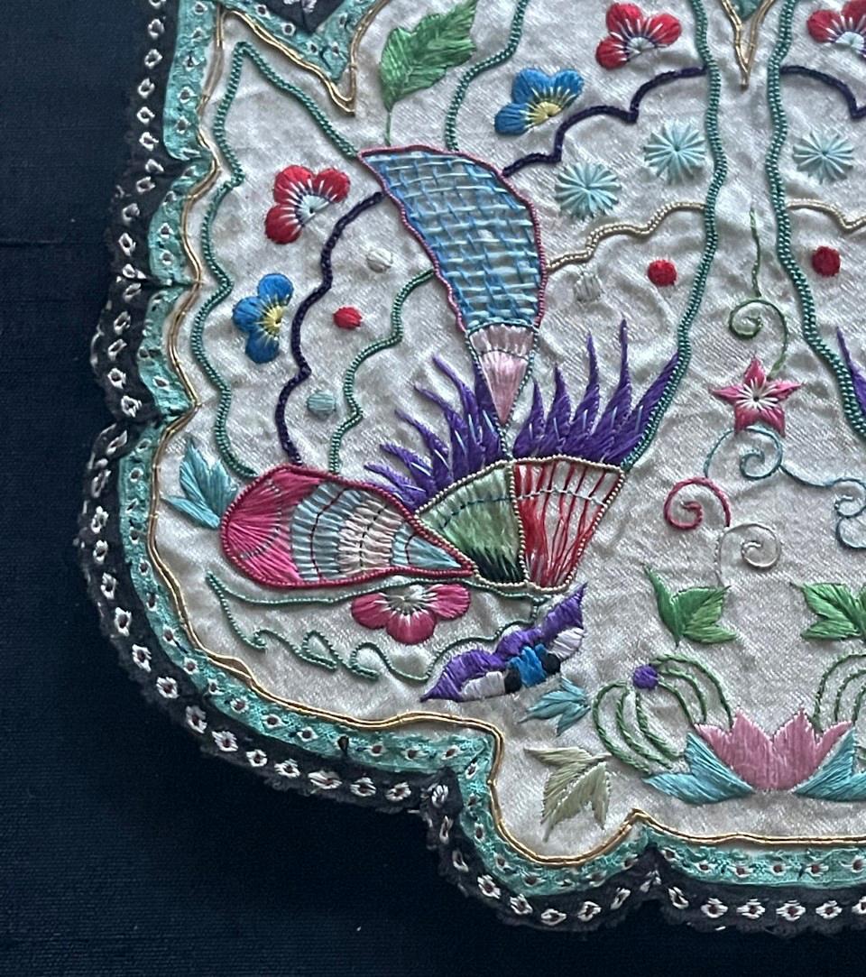 19th Century Framed Antique Embroidered Purse Qing Dynasty Provenance For Sale