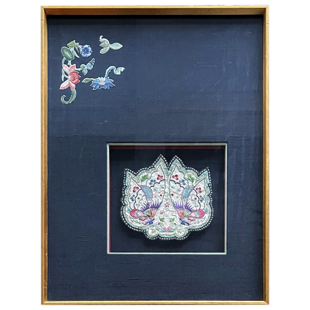 Framed Antique Embroidered Purse Qing Dynasty Provenance For Sale