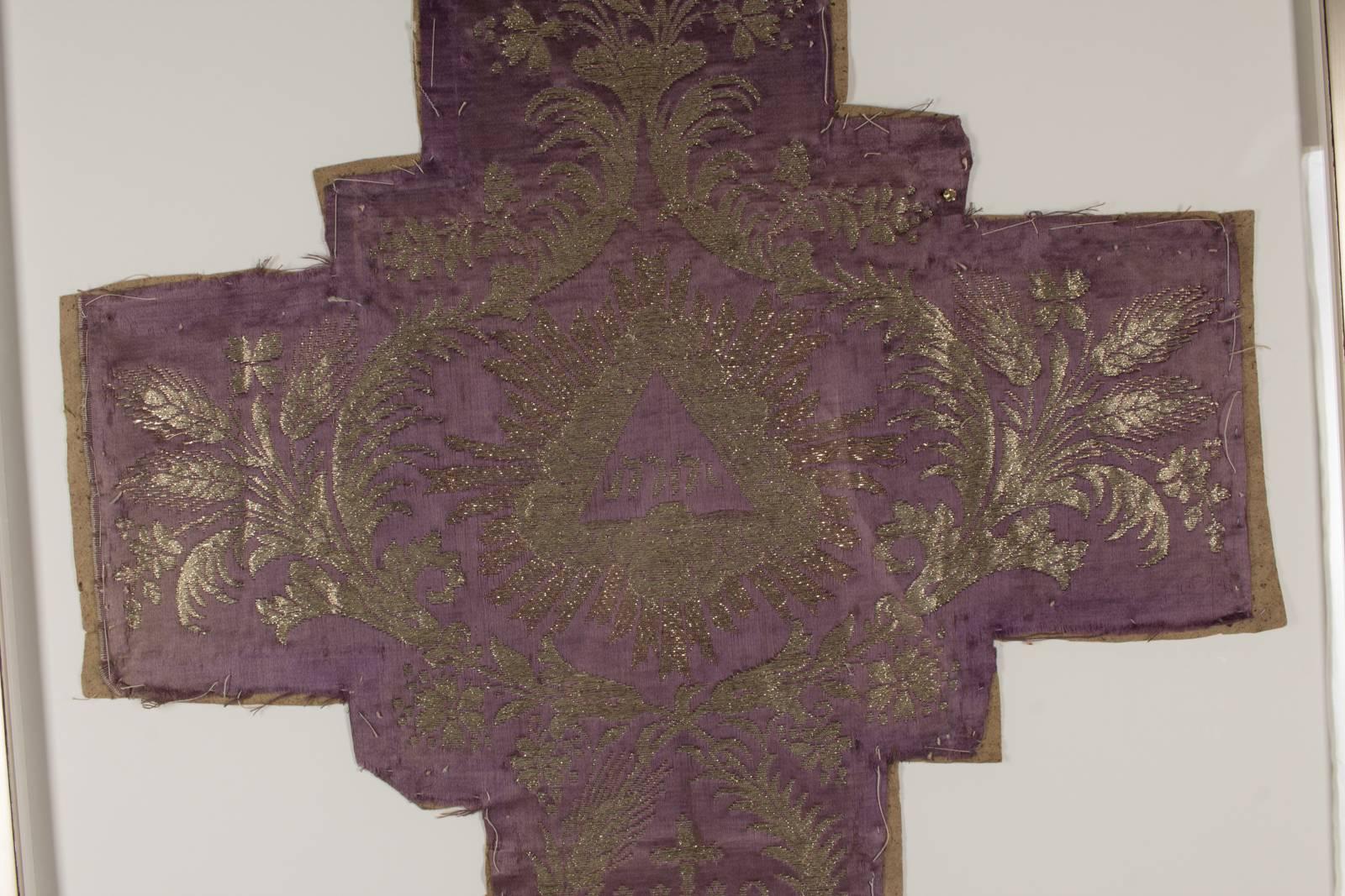 French Framed Antique Embroidered Religious Textile Fragment Found in France