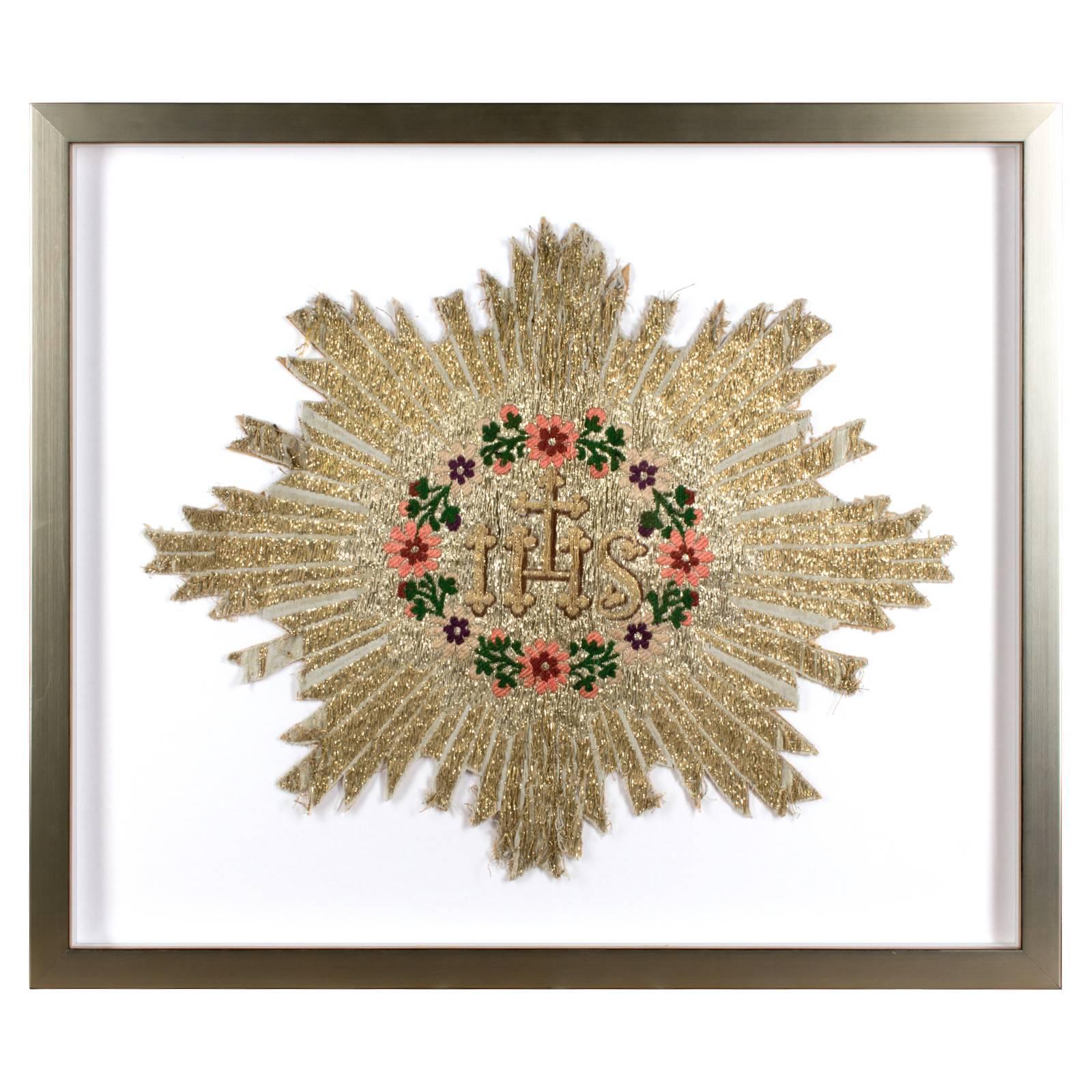 Framed Antique Embroidered Religious Textile Fragment Found in France