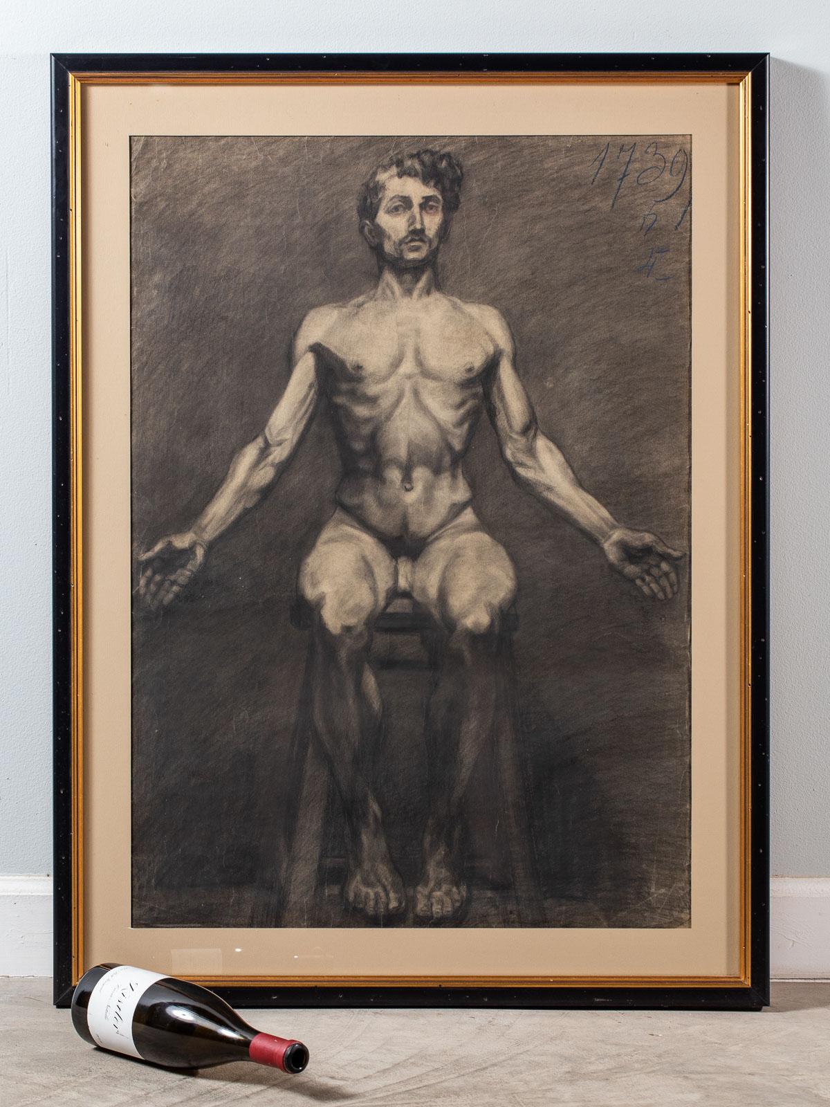 A large antique French drawing from a life model, circa 1890 rendered in charcoal on paper. This drawing from an 
