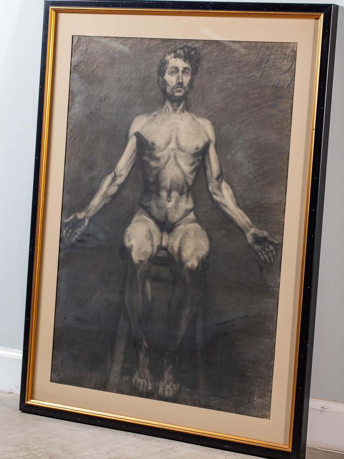 Framed Antique French Academic Life Drawing Male Nude, circa 1890 In Good Condition For Sale In Houston, TX