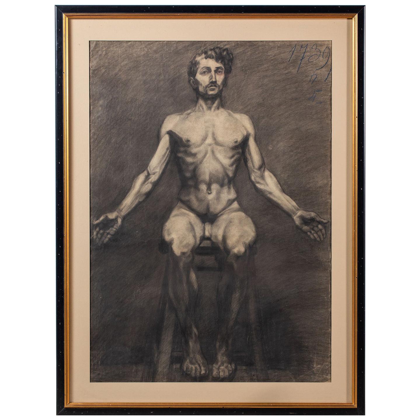 Framed Antique French Academic Life Drawing Male Nude, circa 1890 For Sale