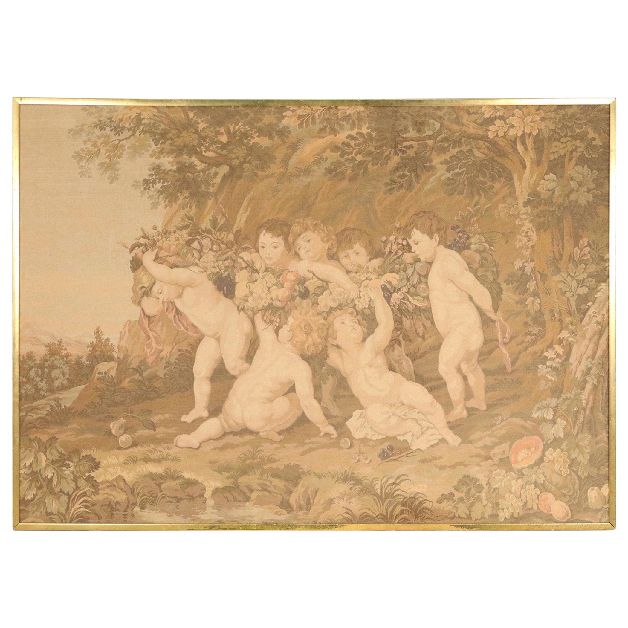 Framed Antique French Cherub Tapestry