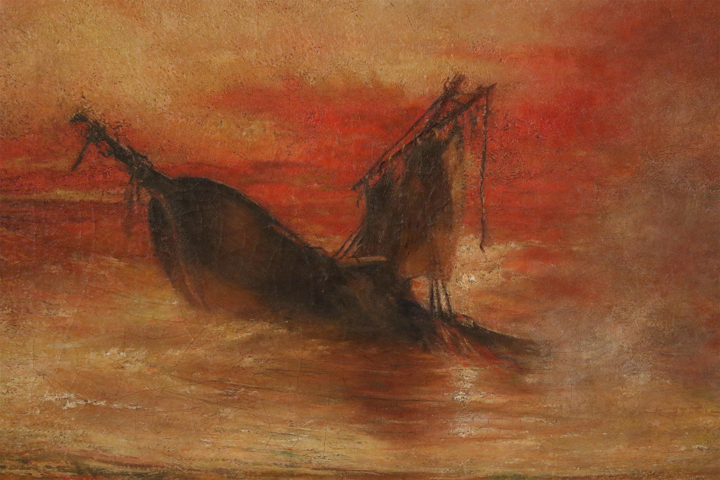 Peinture à l'huile française ancienne encadrée d'un naufrage d'un navire au coucher du soleil Bon état - En vente à New York, NY