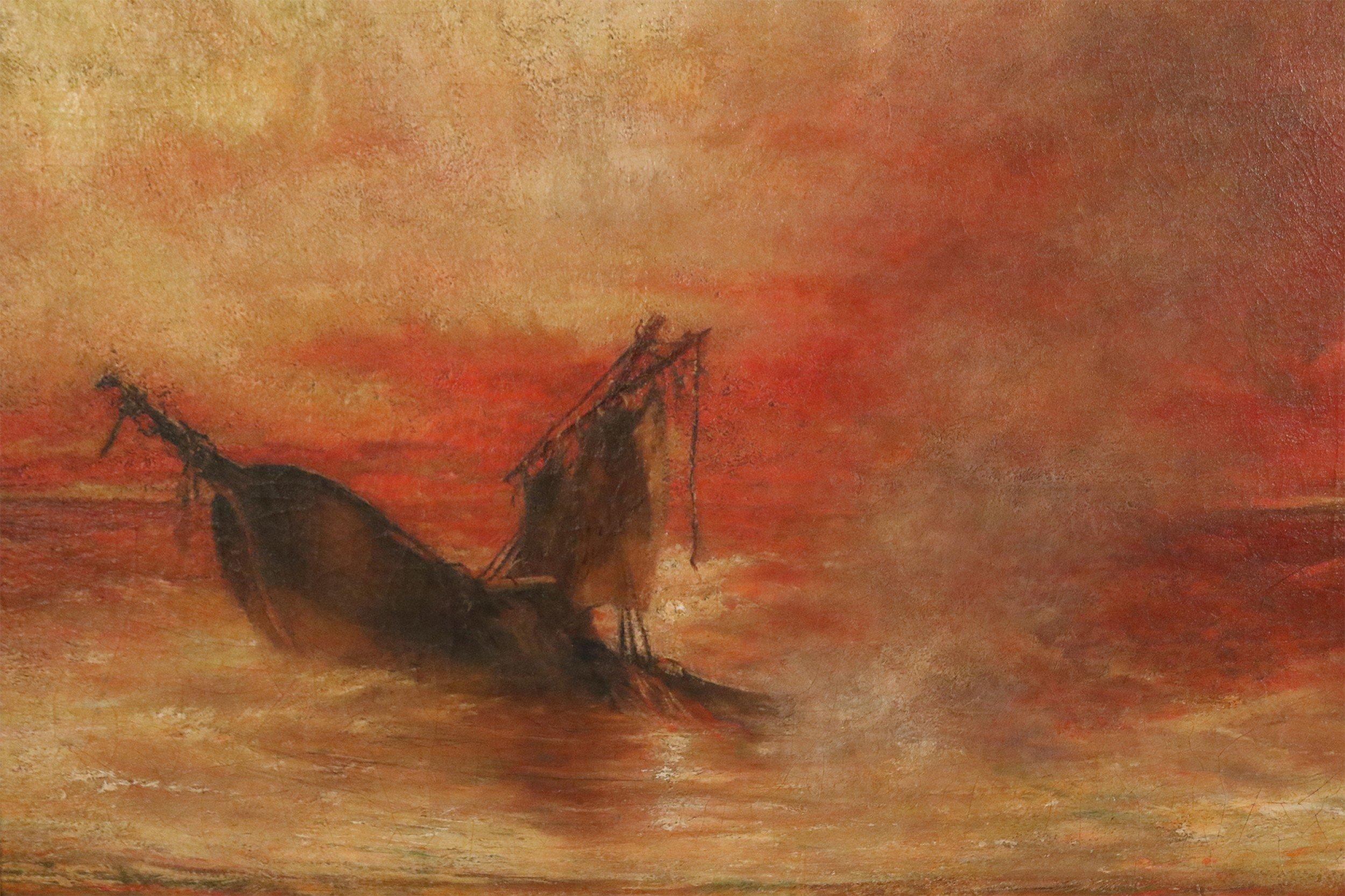 Peinture à l'huile française ancienne encadrée d'un naufrage d'un navire au coucher du soleil en vente 2