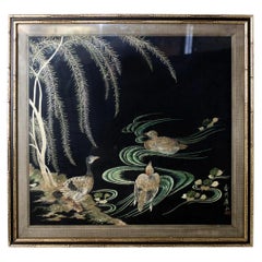 Framed Antique Japanese Embroidered Silk Panel Signed