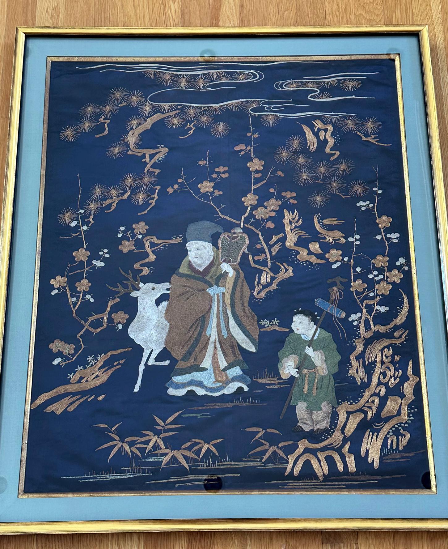 Framed Antique Japanese Embroidery Fukusa Panel  For Sale 10