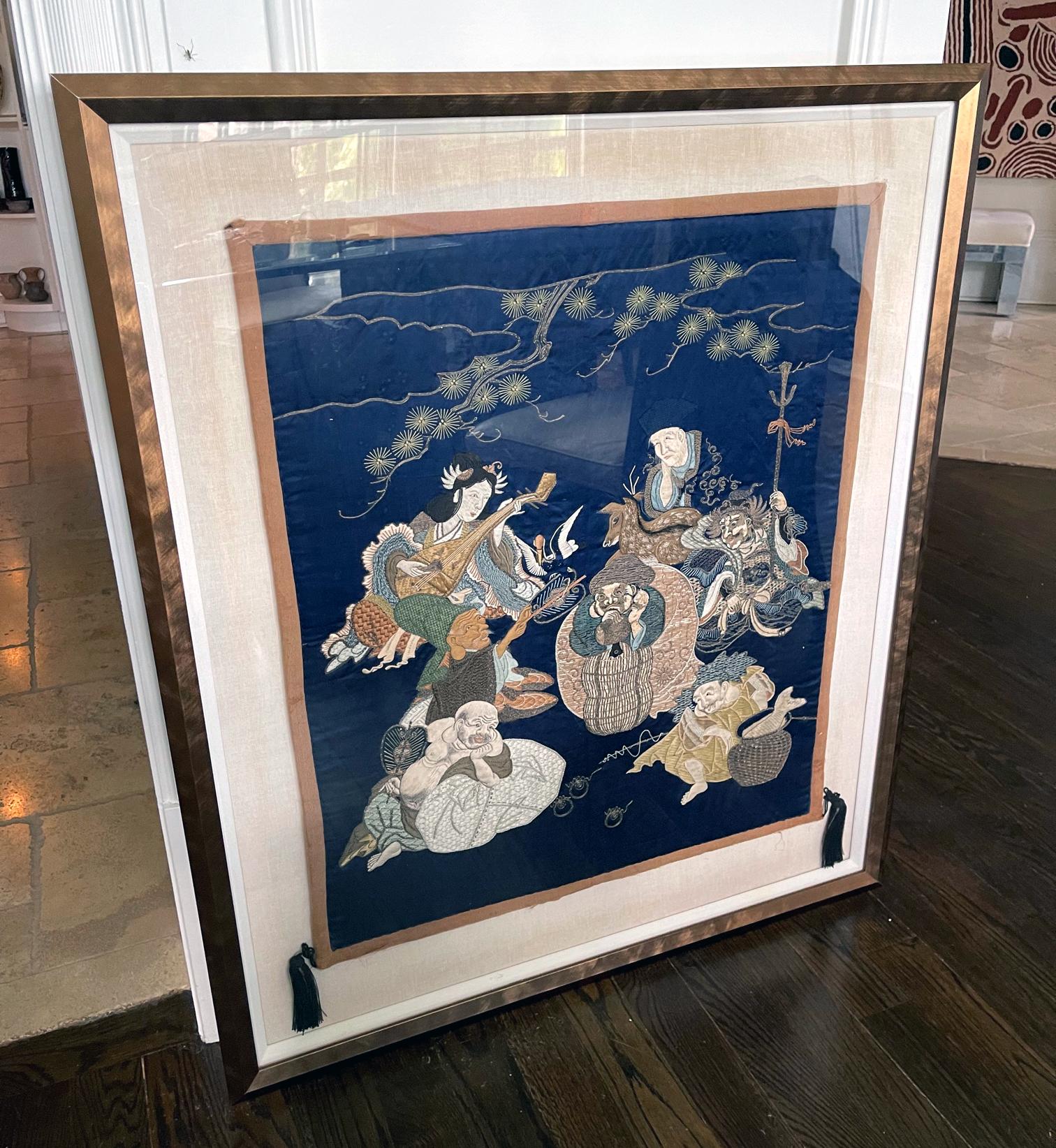 Framed Antique Japanese Silk Embroidery Fukusa Textile Panel For Sale 10