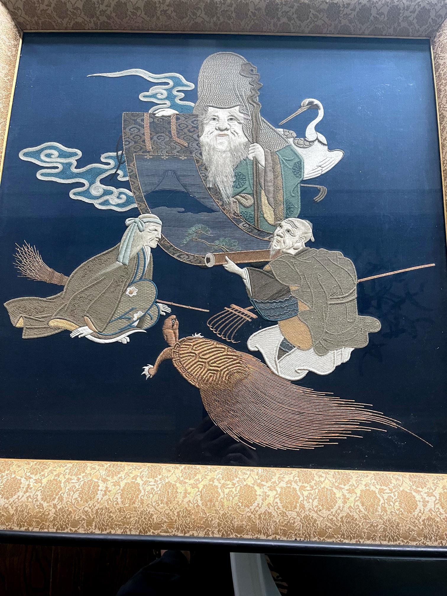 Meiji Framed Antique Japanese Embroidery Fukusa Panel For Sale