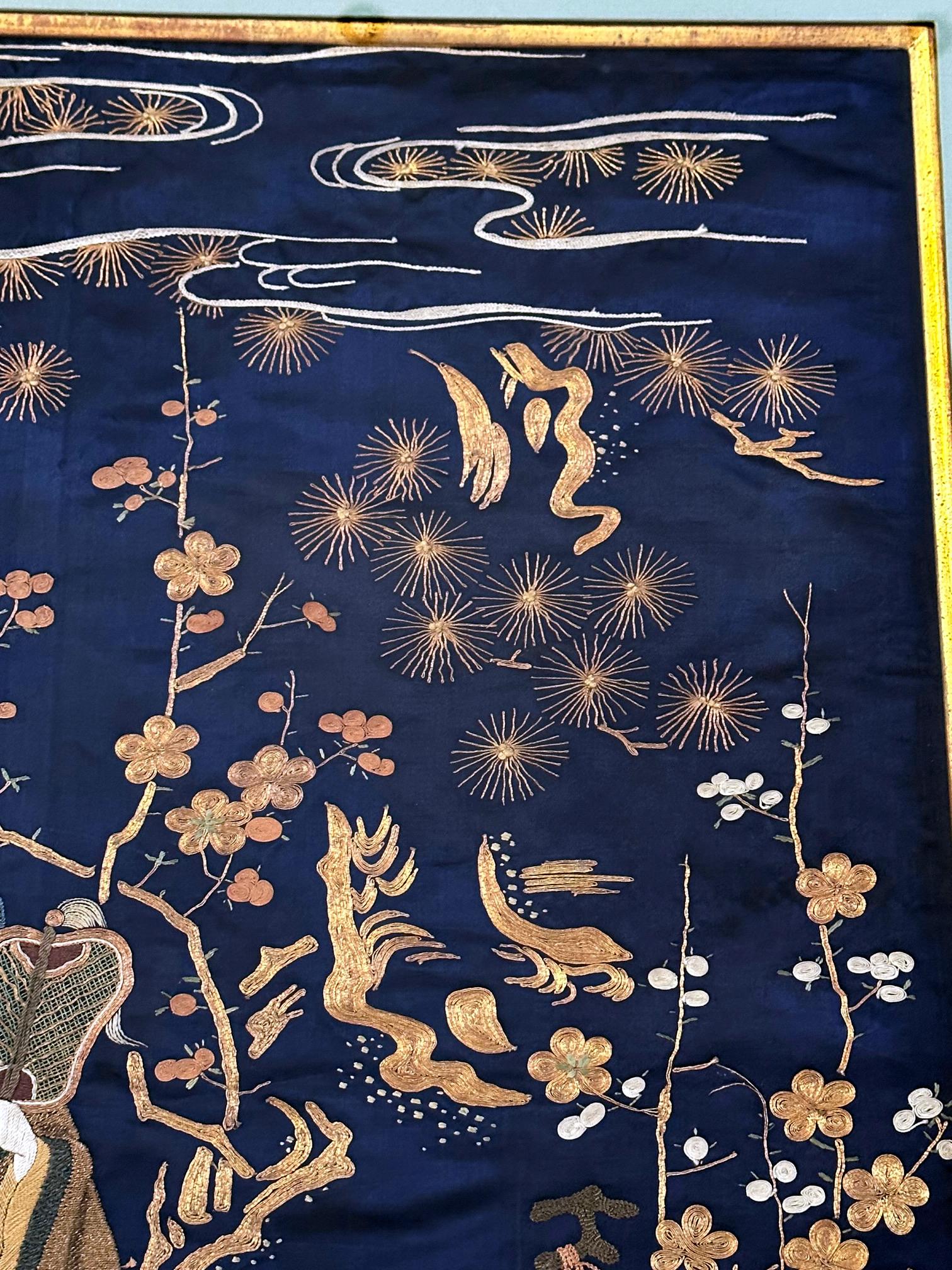 Framed Antique Japanese Embroidery Fukusa Panel  In Good Condition For Sale In Atlanta, GA