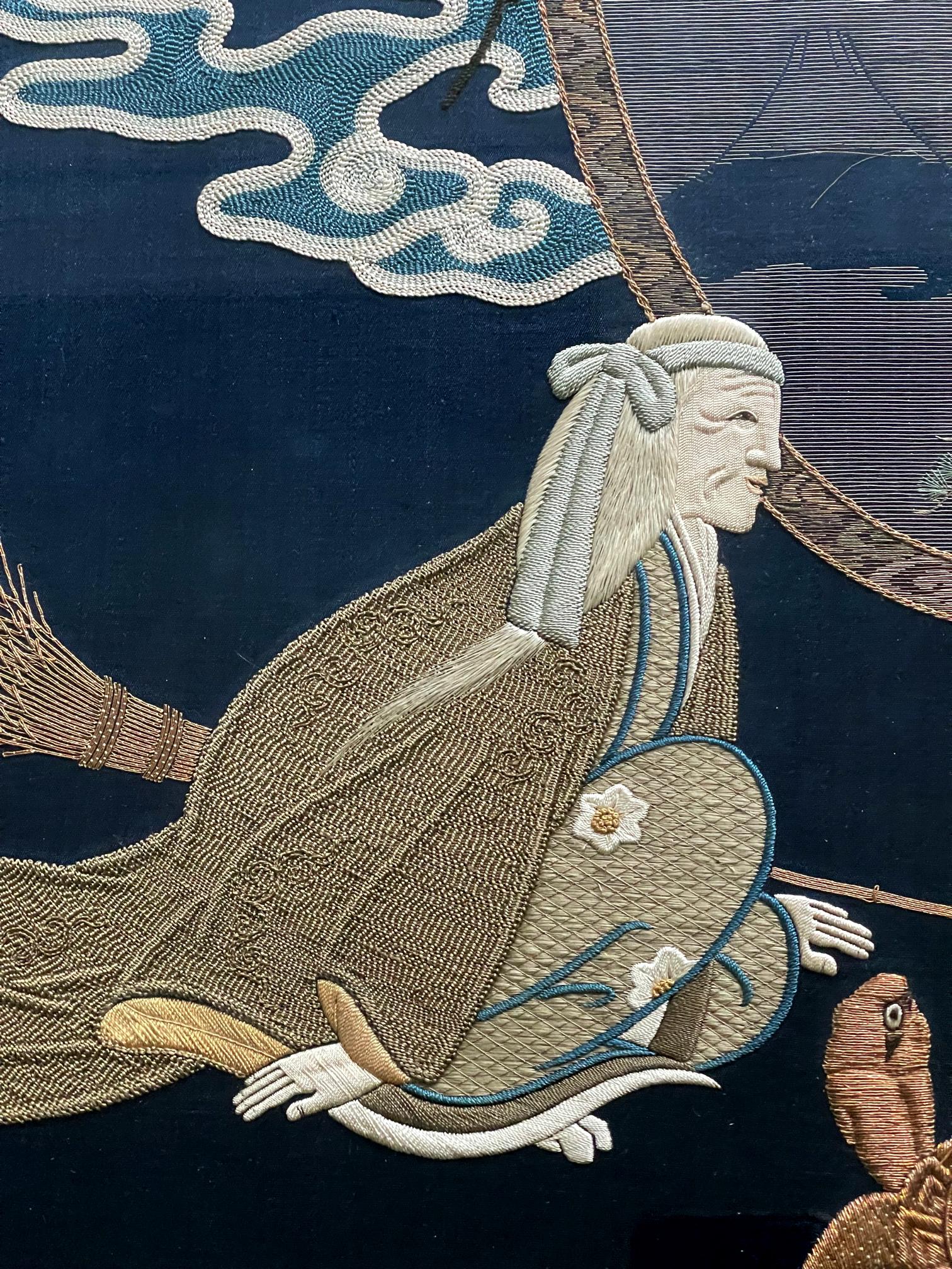Gerahmte antike japanische Stickerei Fukusa Panel (Seide) im Angebot