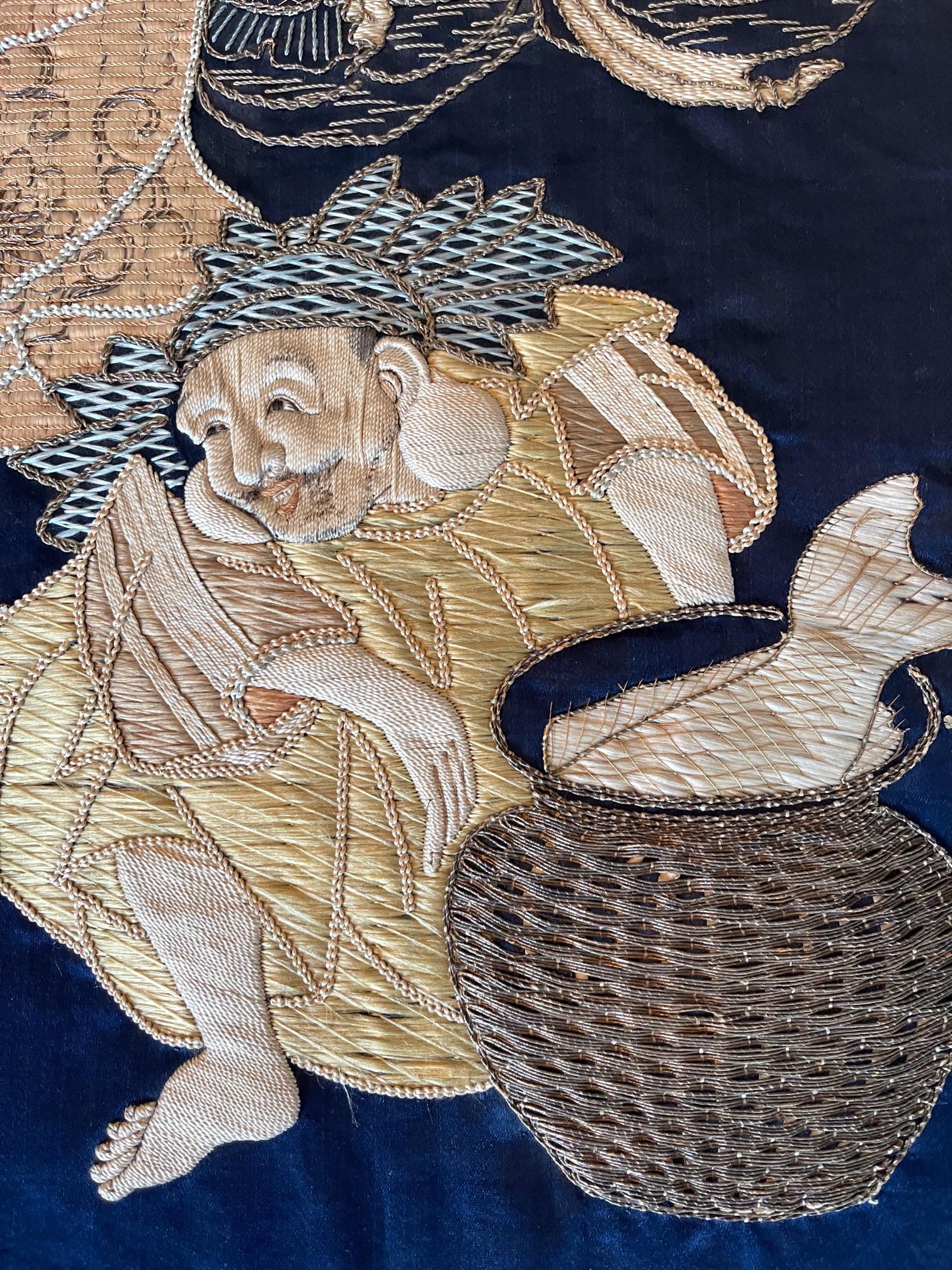 XIXe siècle Panneau textile japonais ancien encadré de broderie de soie Fukusa en vente