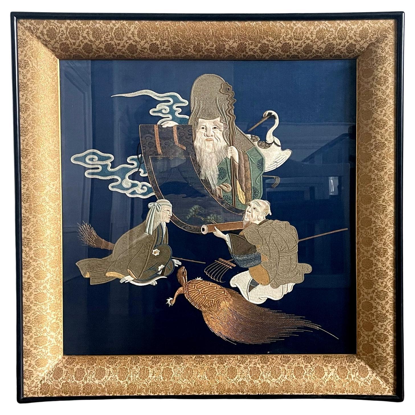 Framed Antique Japanese Embroidery Fukusa Panel For Sale