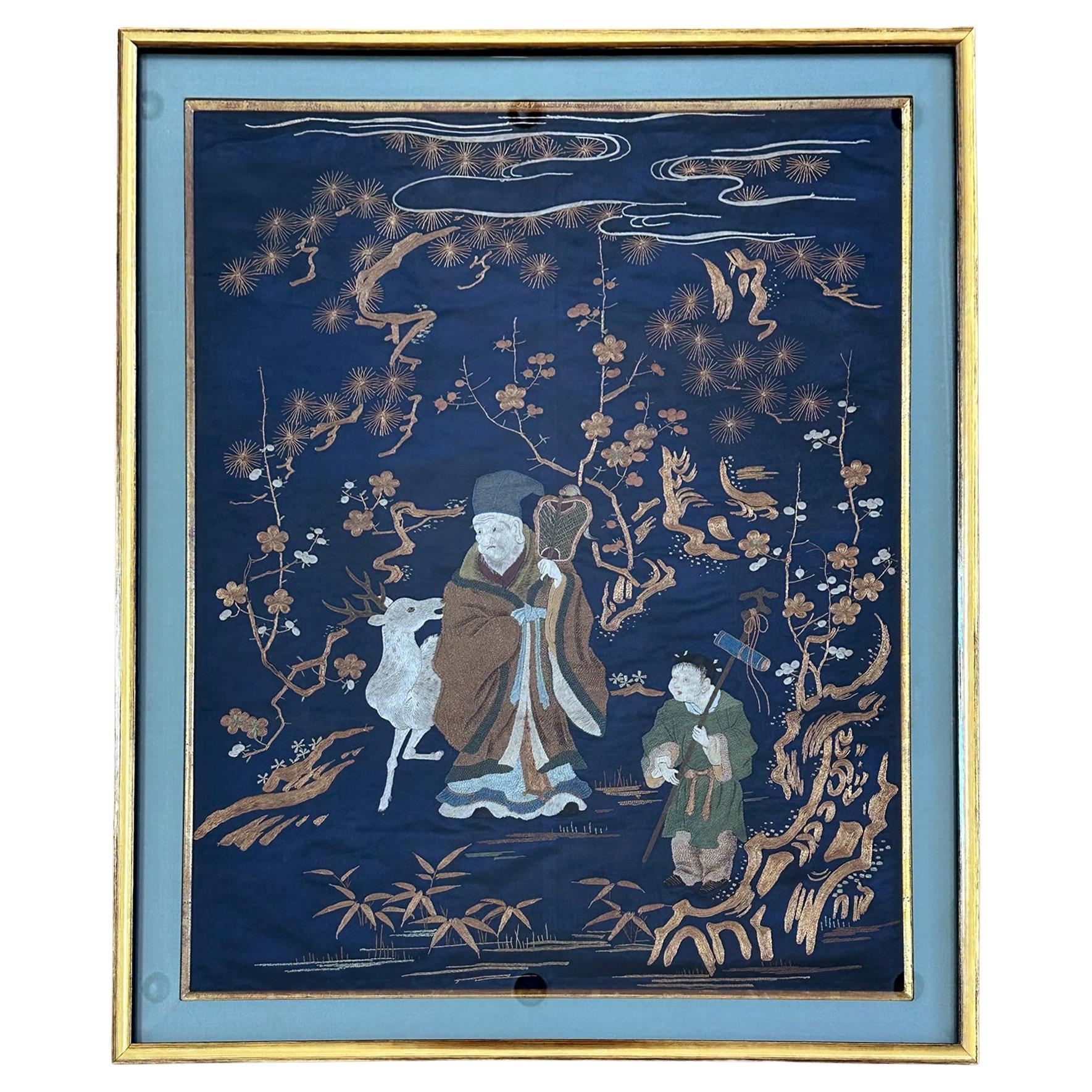 Framed Antique Japanese Embroidery Fukusa Panel  For Sale