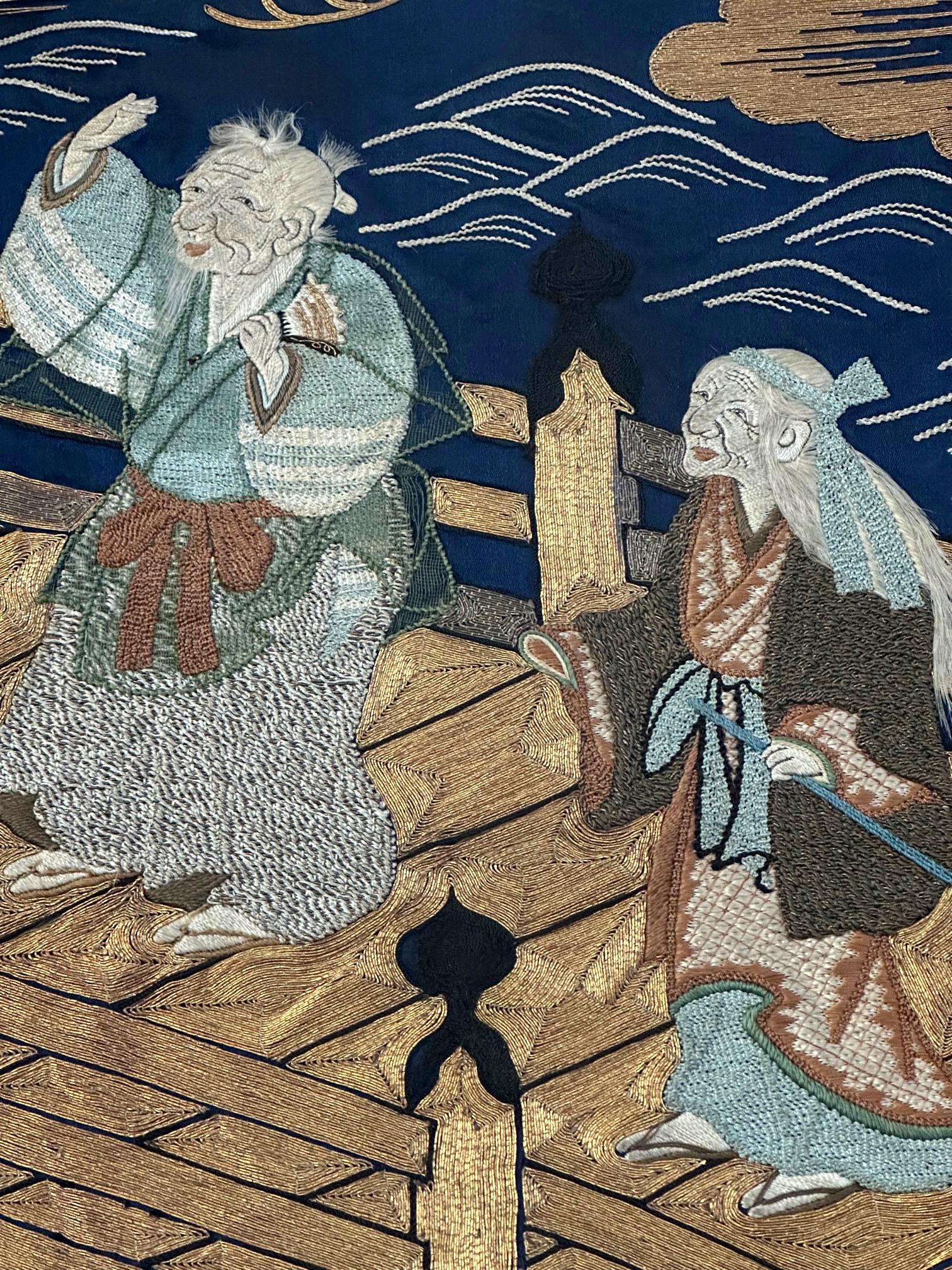 Gerahmte antike japanische Fukusa-Stickerei-Tafel Takasago-Legende im Angebot 3
