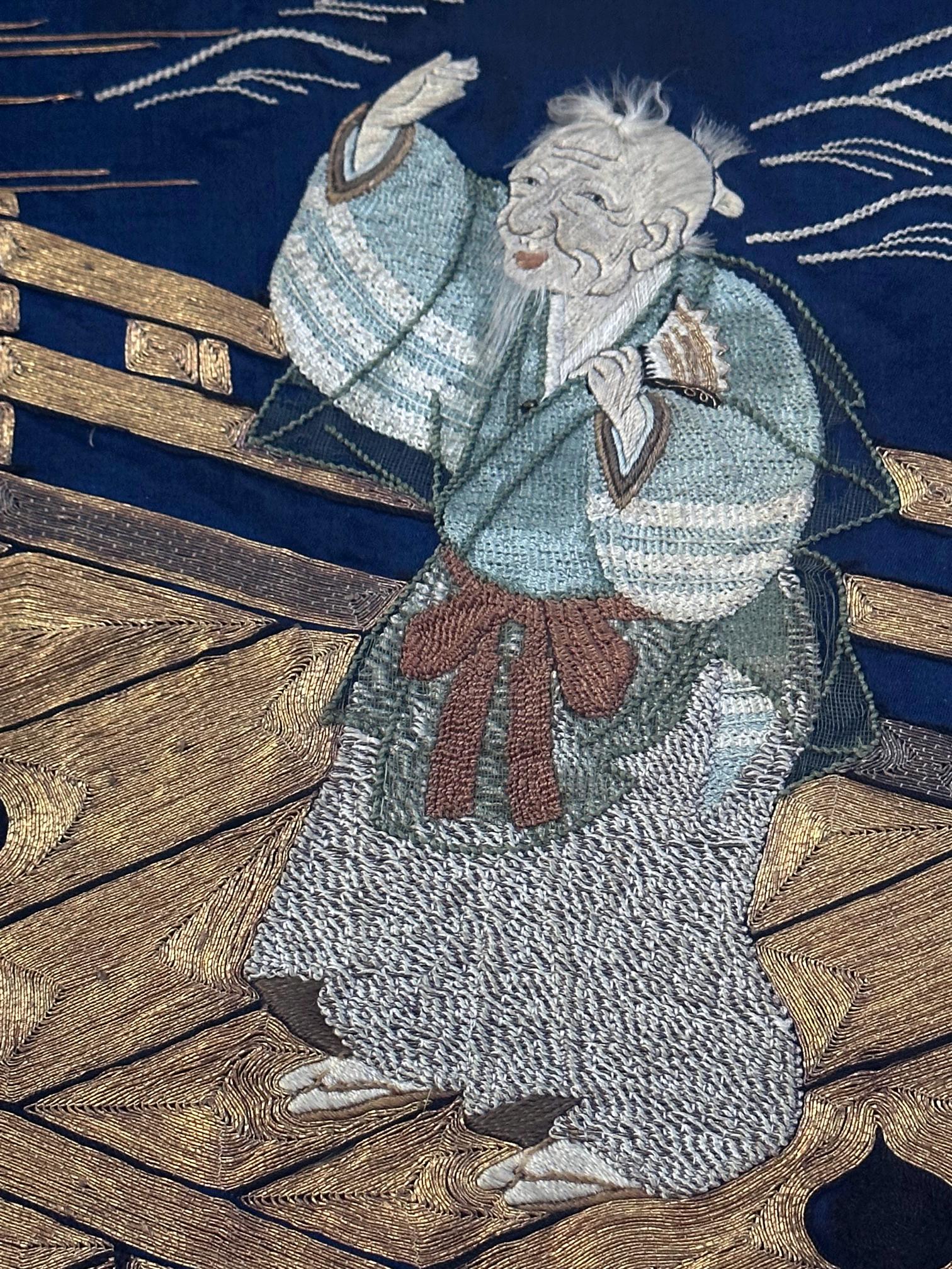 Framed Antique Japanese Embroidery Fukusa Panel Takasago Legend For Sale 5