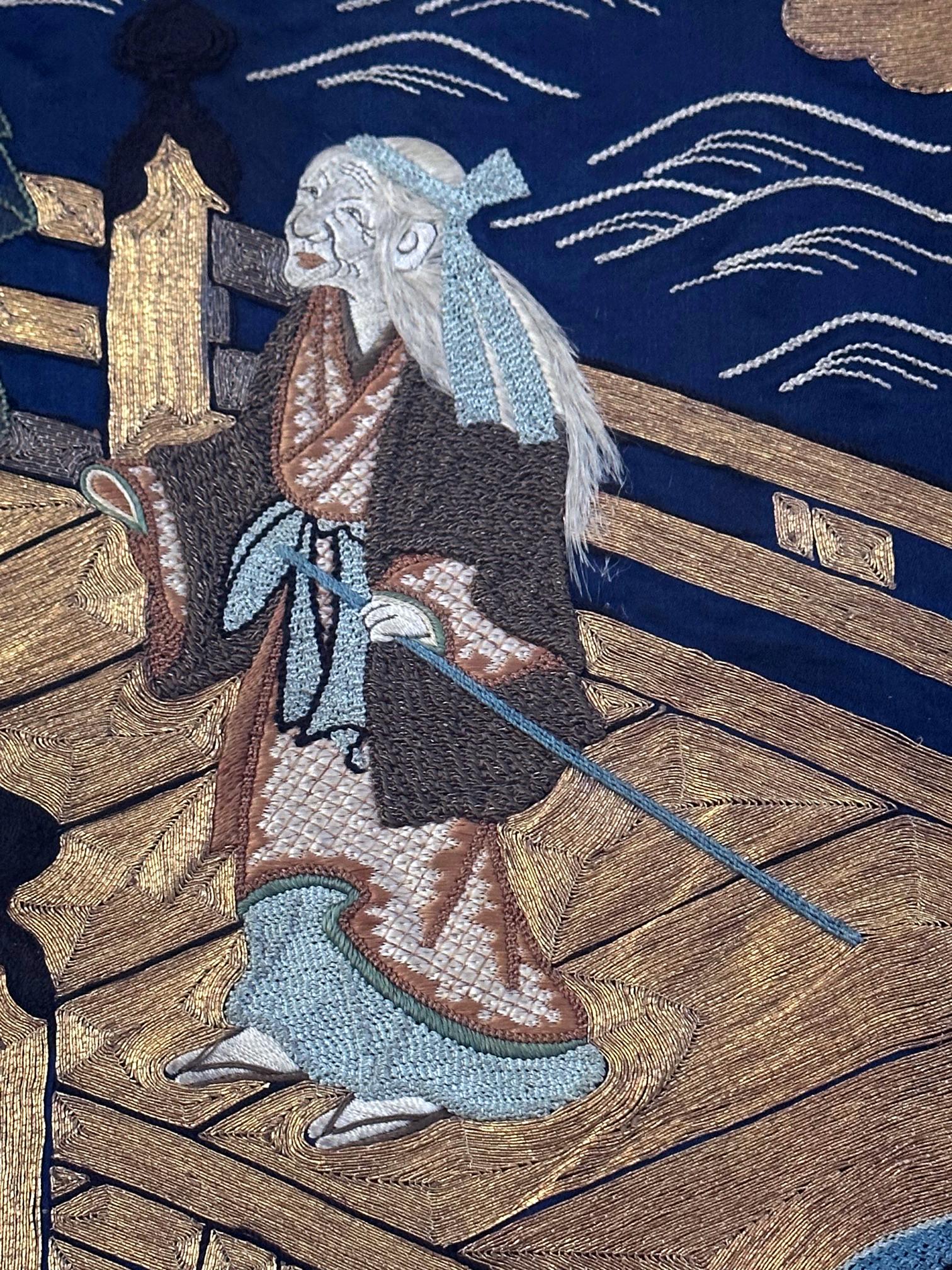 Gerahmte antike japanische Fukusa-Stickerei-Tafel Takasago-Legende im Angebot 5