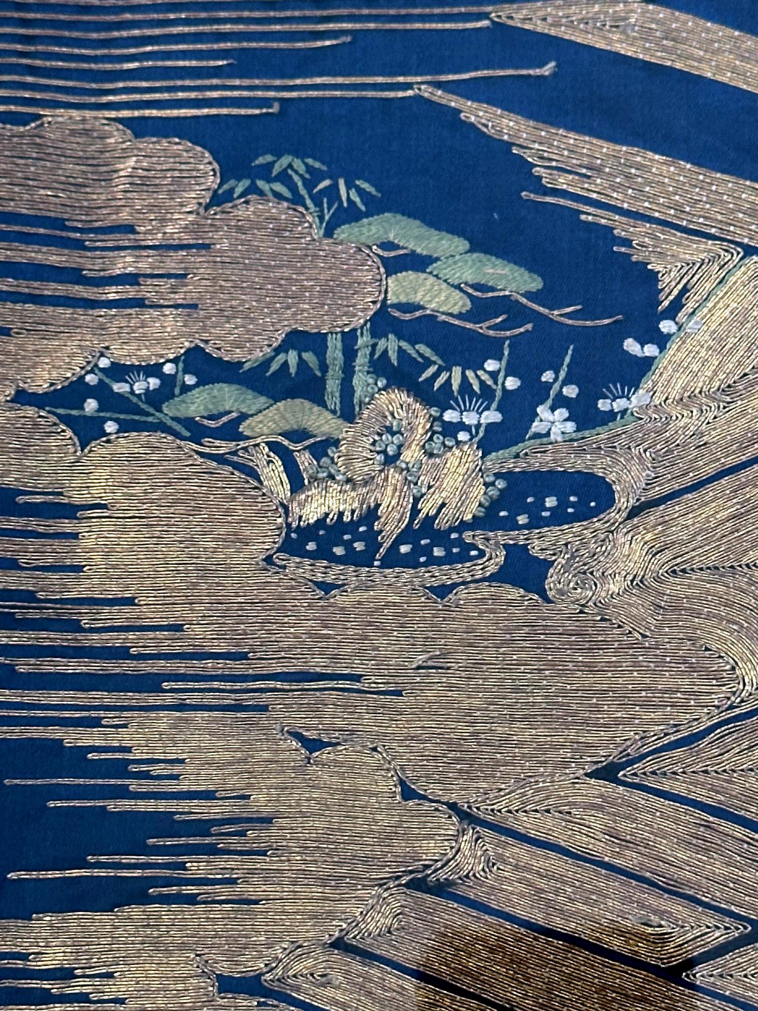 Gerahmte antike japanische Fukusa-Stickerei-Tafel Takasago-Legende im Angebot 7