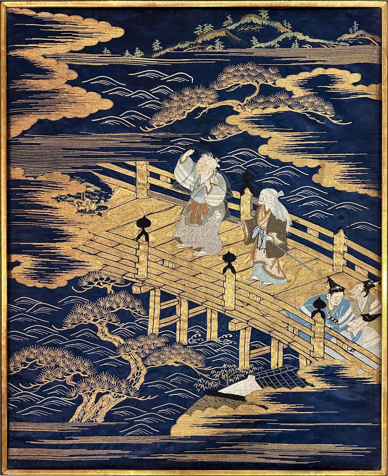 Gerahmte antike japanische Fukusa-Stickerei-Tafel Takasago-Legende im Angebot 8