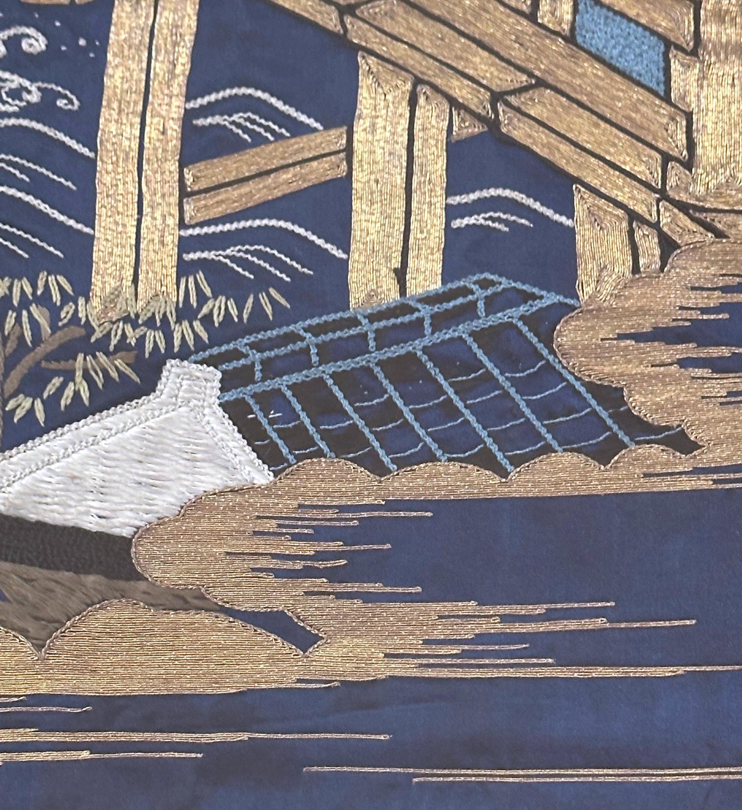 Gerahmte antike japanische Fukusa-Stickerei-Tafel Takasago-Legende im Angebot 9