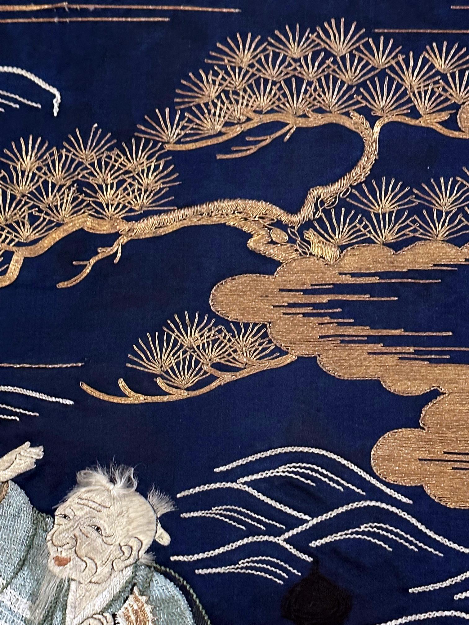 Framed Antique Japanese Embroidery Fukusa Panel Takasago Legend For Sale 11