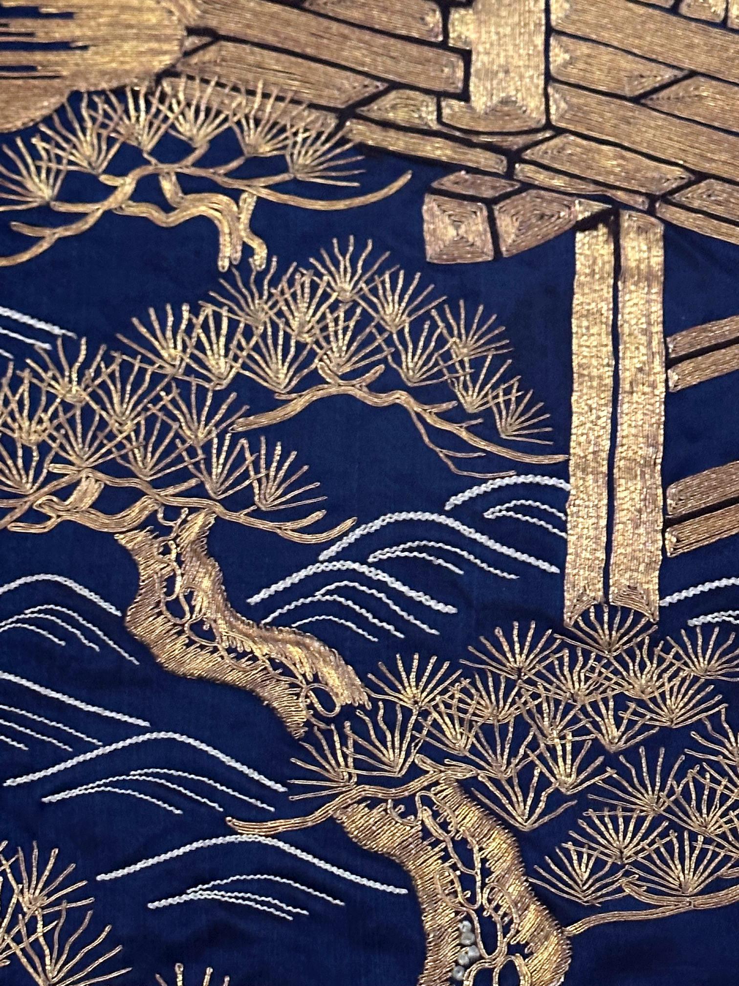 Framed Antique Japanese Embroidery Fukusa Panel Takasago Legend For Sale 12