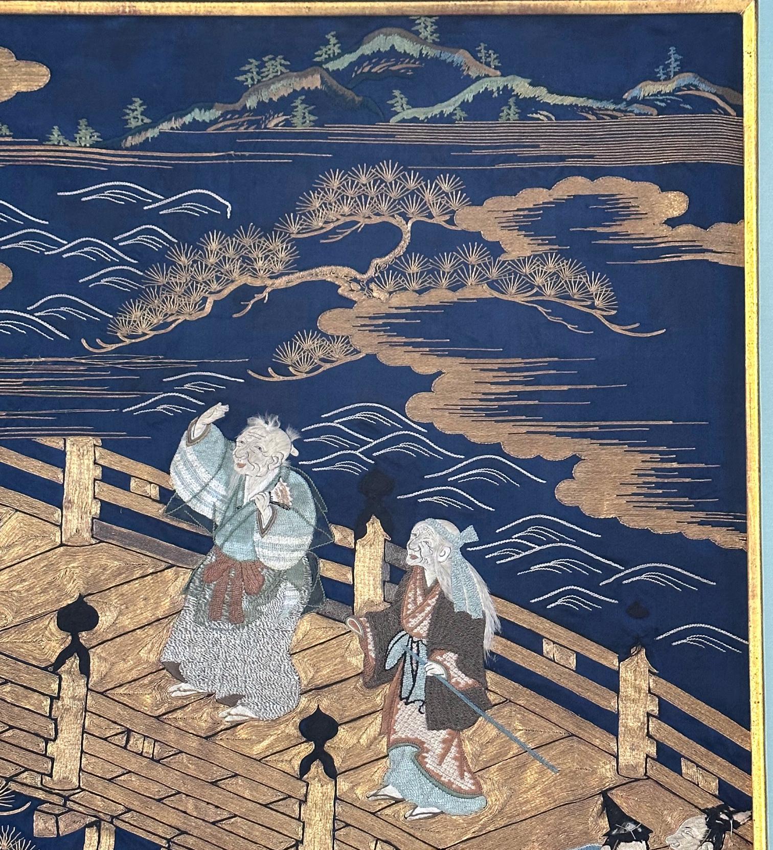 Gerahmte antike japanische Fukusa-Stickerei-Tafel Takasago-Legende (Meiji-Periode) im Angebot