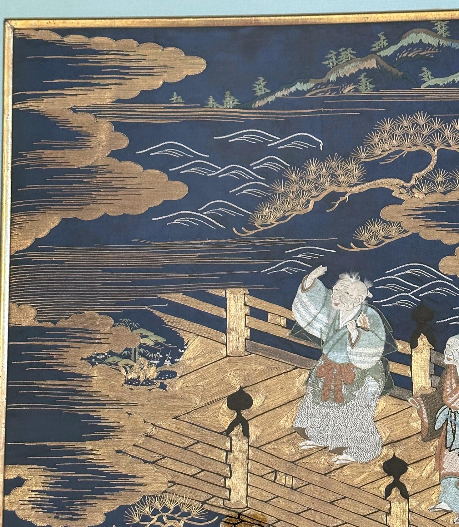 Gerahmte antike japanische Fukusa-Stickerei-Tafel Takasago-Legende (Japanisch) im Angebot