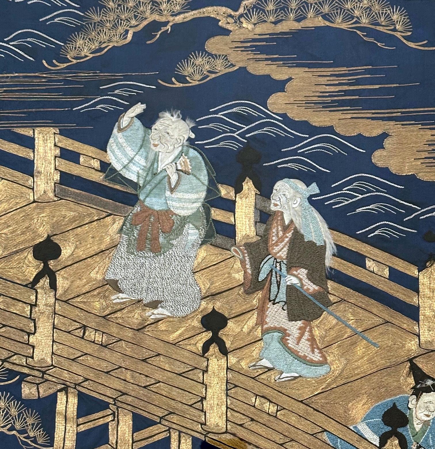 Gerahmte antike japanische Fukusa-Stickerei-Tafel Takasago-Legende im Zustand „Gut“ im Angebot in Atlanta, GA