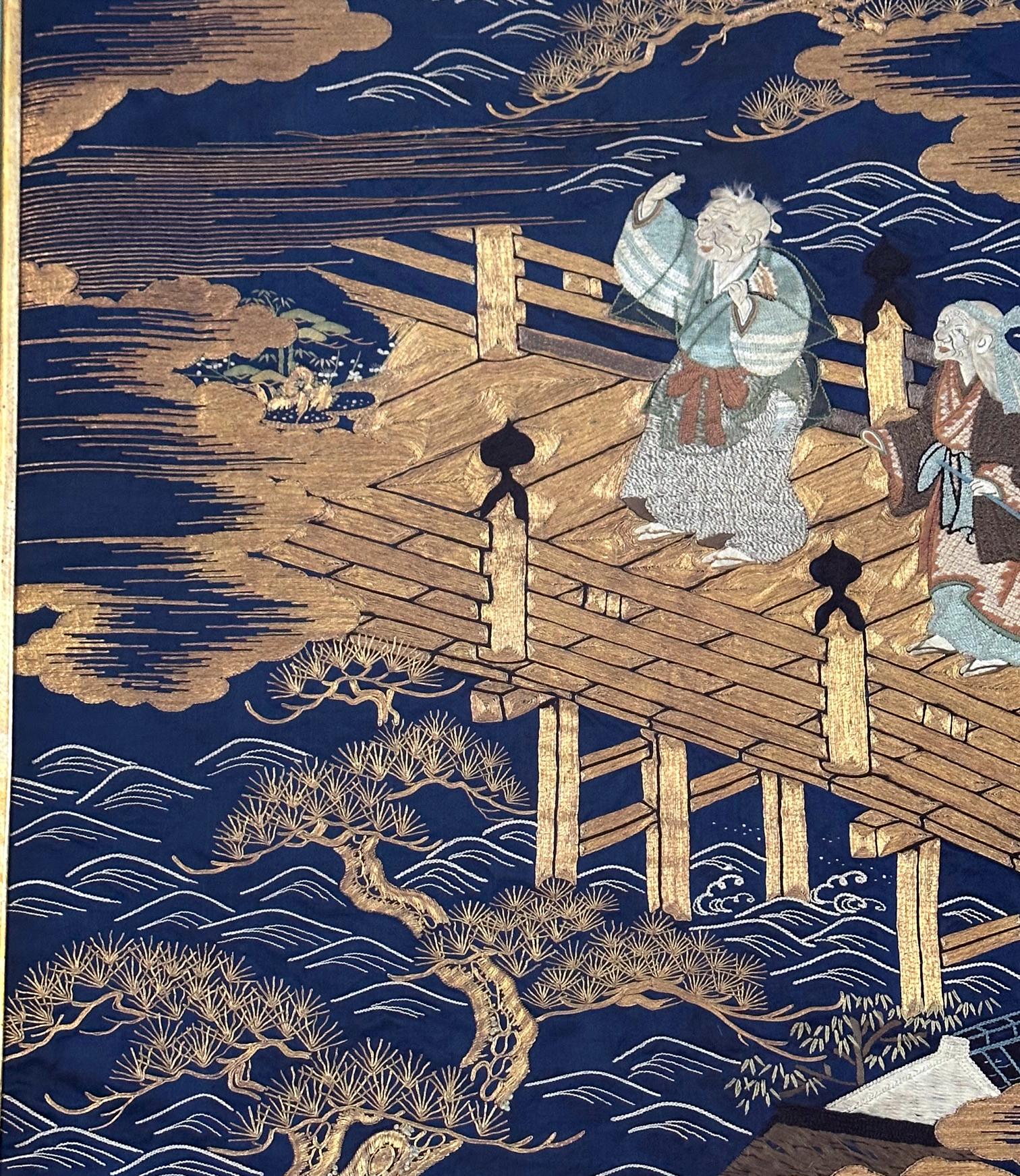 Gerahmte antike japanische Fukusa-Stickerei-Tafel Takasago-Legende (19. Jahrhundert) im Angebot