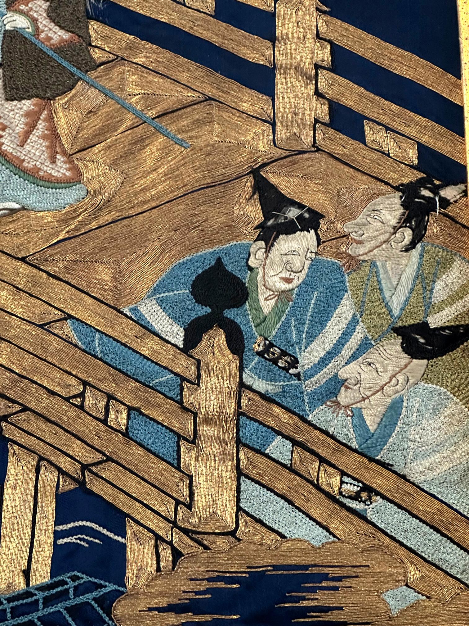 Framed Antique Japanese Embroidery Fukusa Panel Takasago Legend For Sale 1