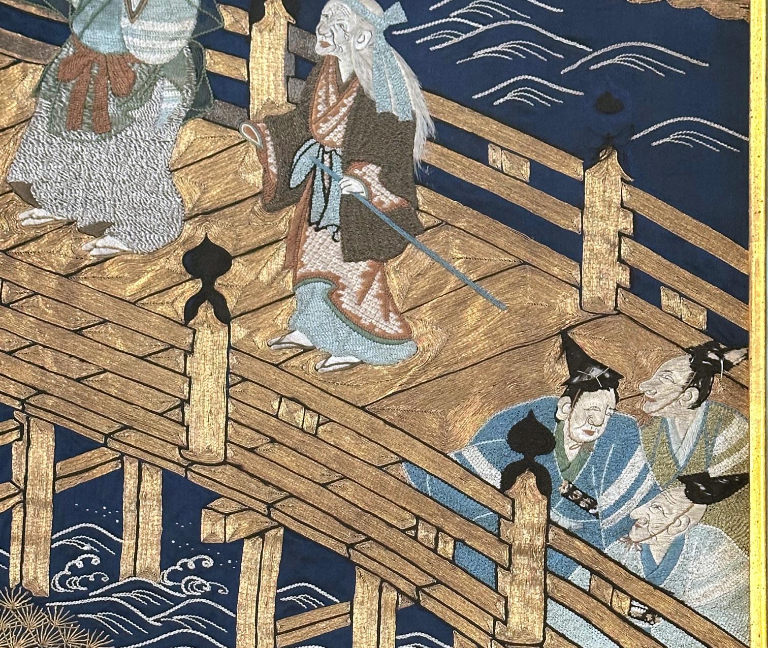 Framed Antique Japanese Embroidery Fukusa Panel Takasago Legend For Sale 2