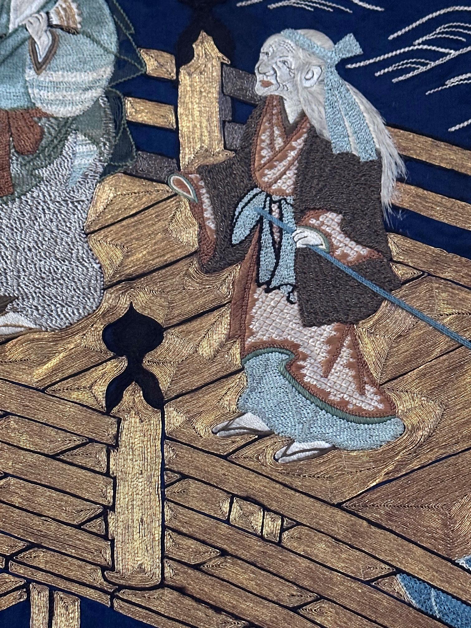 Framed Antique Japanese Embroidery Fukusa Panel Takasago Legend For Sale 3