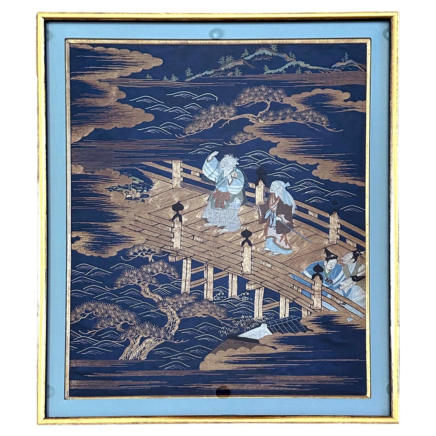 Panneau de broderie japonais ancien encadré Fukusa, légende de Takasago